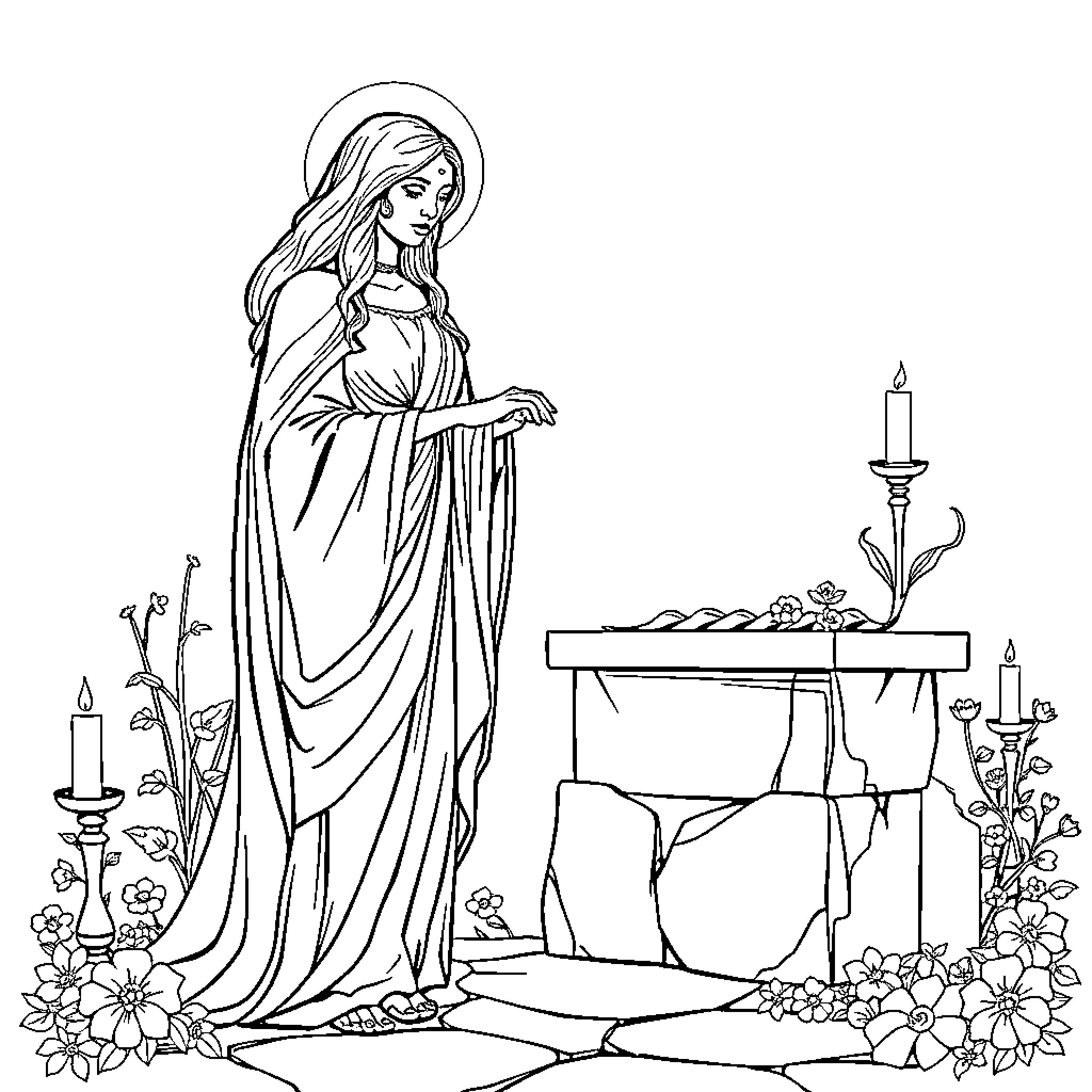 Goddess of Grace and Devotion Coloring Page (free black-and-white line drawing printable PDF for all, from beginners to advanced learners, including children, teens, adults, and seniors)