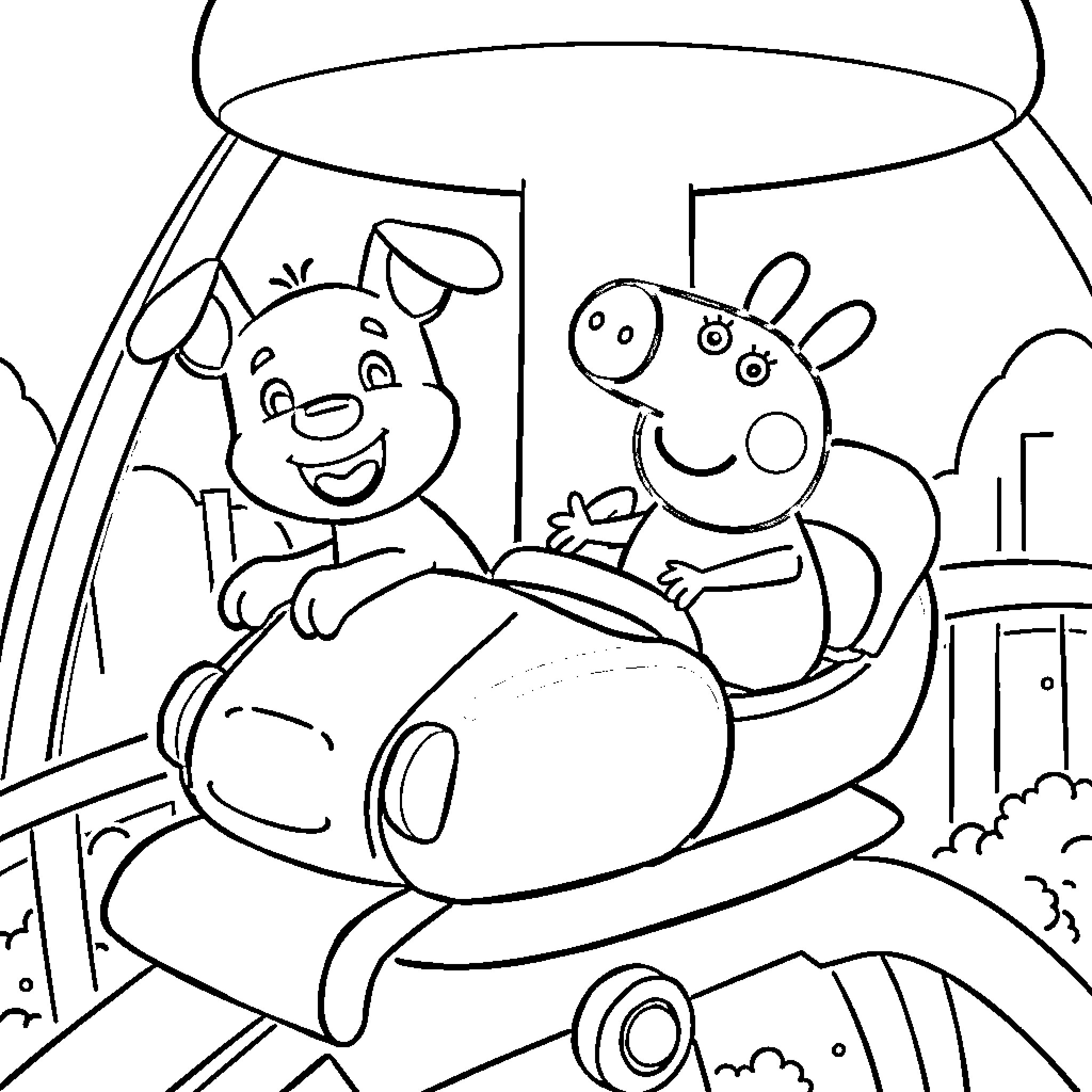Bluey and Peppa Pig in a fun car ride Coloring Page (free black-and-white line drawing printable PDF for all, from beginners to advanced learners, including children, teens, adults, and seniors)