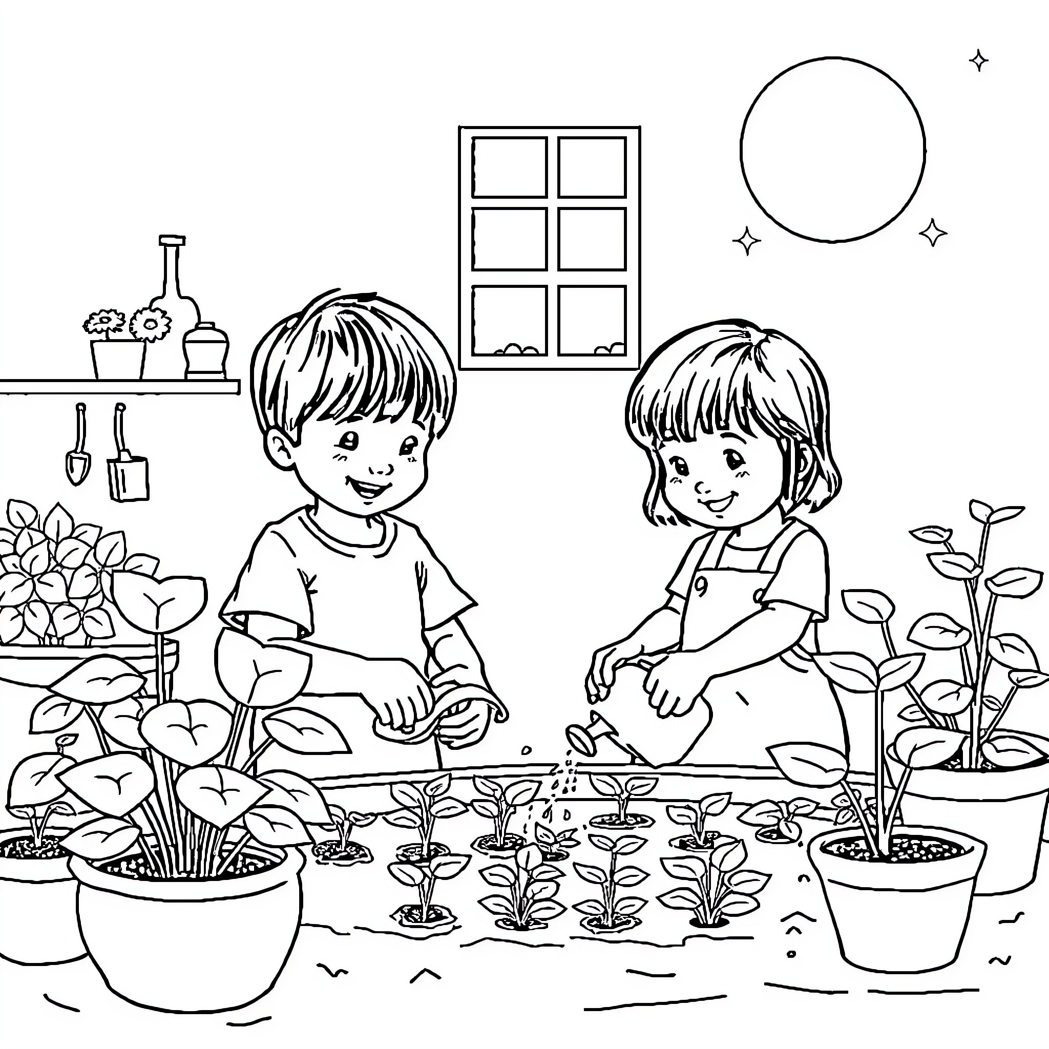 Kid gardeners tending to plants and flowers Coloring Page (free black-and-white line drawing printable PDF for all, from beginners to advanced learners, including children, teens, adults, and seniors)