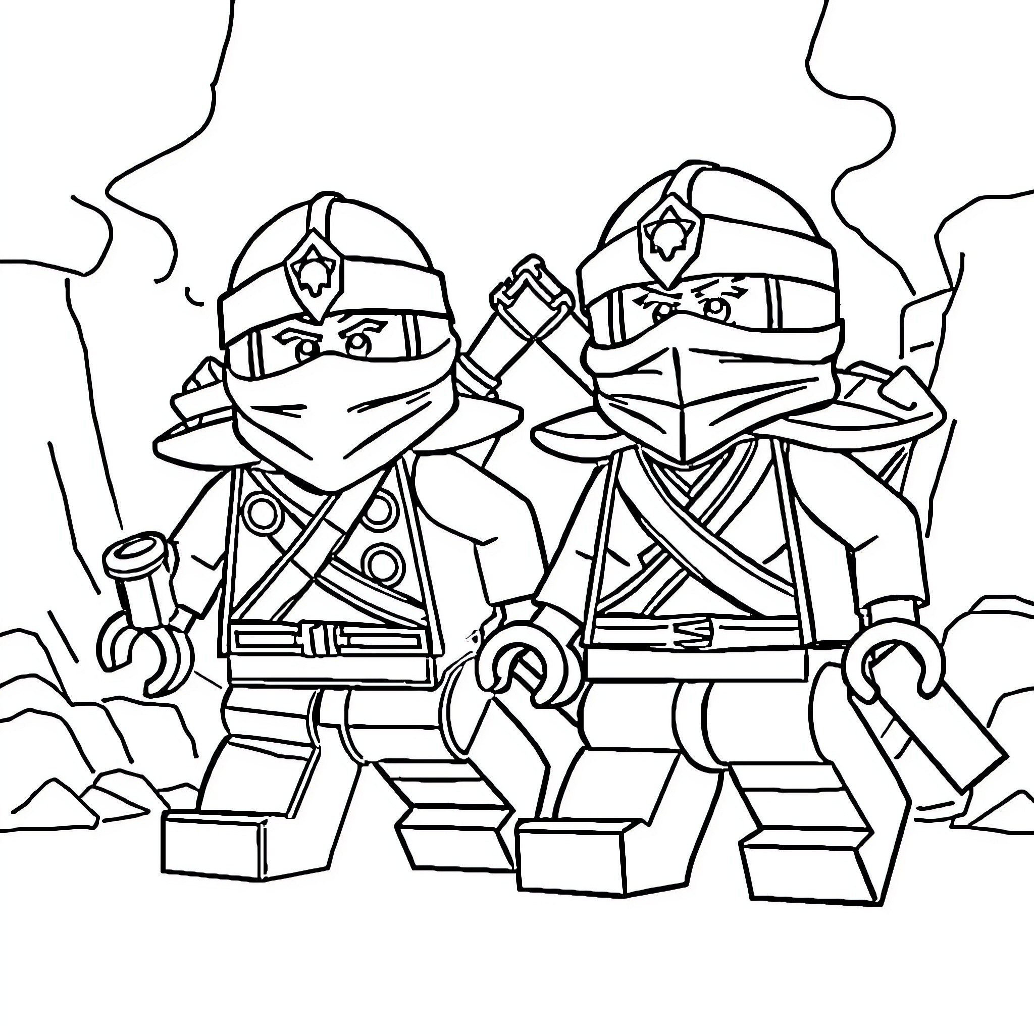 Lego Ninjago Warriors in Fighting Stance Coloring Page (free black-and-white line drawing printable PDF for all, from beginners to advanced learners, including children, teens, adults, and seniors)