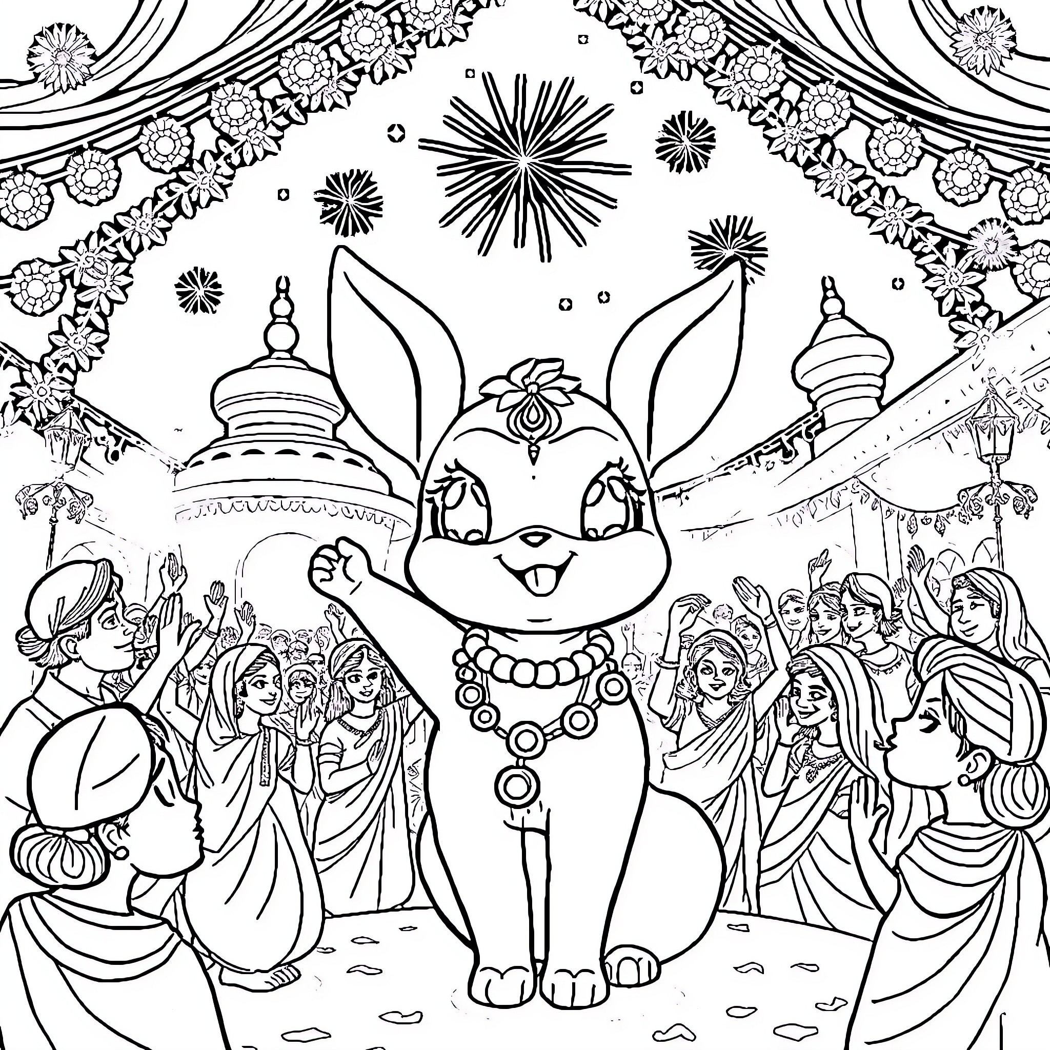Eevee's Fantastical Celebration Coloring Page (free black-and-white line drawing printable PDF for all, from beginners to advanced learners, including children, teens, adults, and seniors)