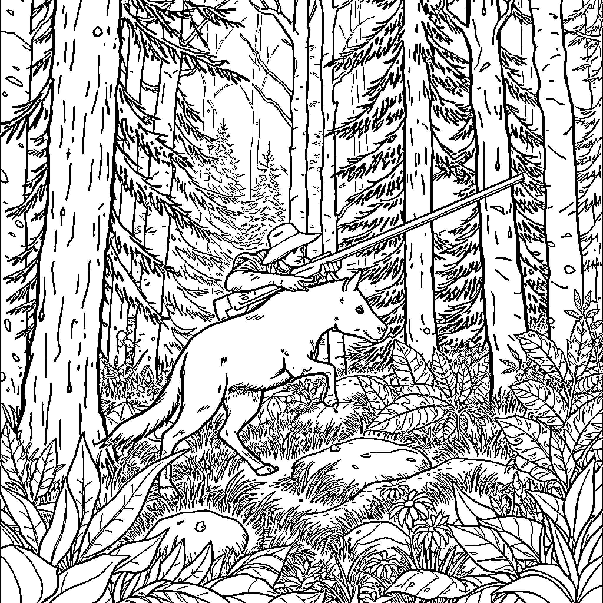 Hunter Tracking Elusive Prey in Lush Forest Coloring Page (free black-and-white line drawing printable PDF for all, from beginners to advanced learners, including children, teens, adults, and seniors)