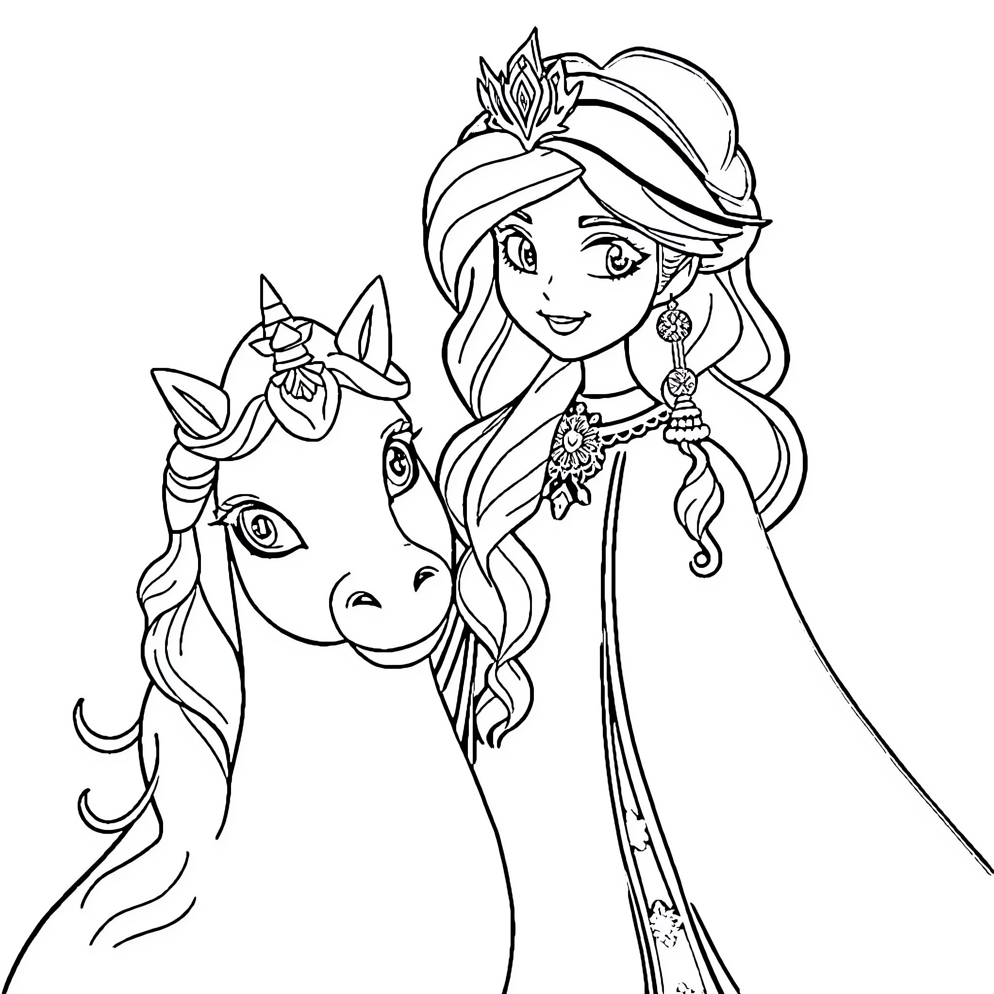 Queen and her Majestic Steed Coloring Page (free black-and-white line drawing printable PDF for all, from beginners to advanced learners, including children, teens, adults, and seniors)