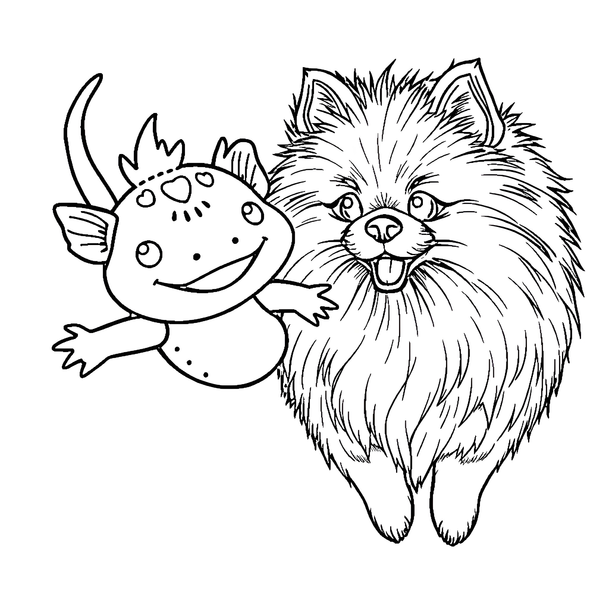 Axolotl and Playful Pomeranian Coloring Page (free black-and-white line drawing printable PDF for all, from beginners to advanced learners, including children, teens, adults, and seniors)
