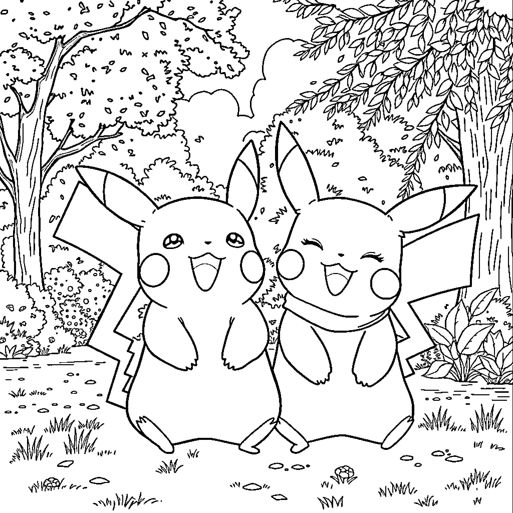 Pikachu and friends enjoying a scenic outdoor adventure Coloring Page (free black-and-white line drawing printable PDF for all, from beginners to advanced learners, including children, teens, adults, and seniors)