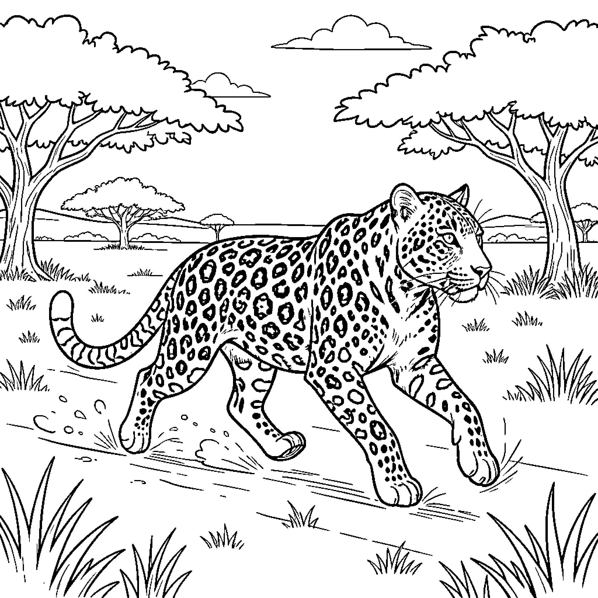 Leopard walking through the wild savanna landscape Coloring Page (free black-and-white line drawing printable PDF for all, from beginners to advanced learners, including children, teens, adults, and seniors)