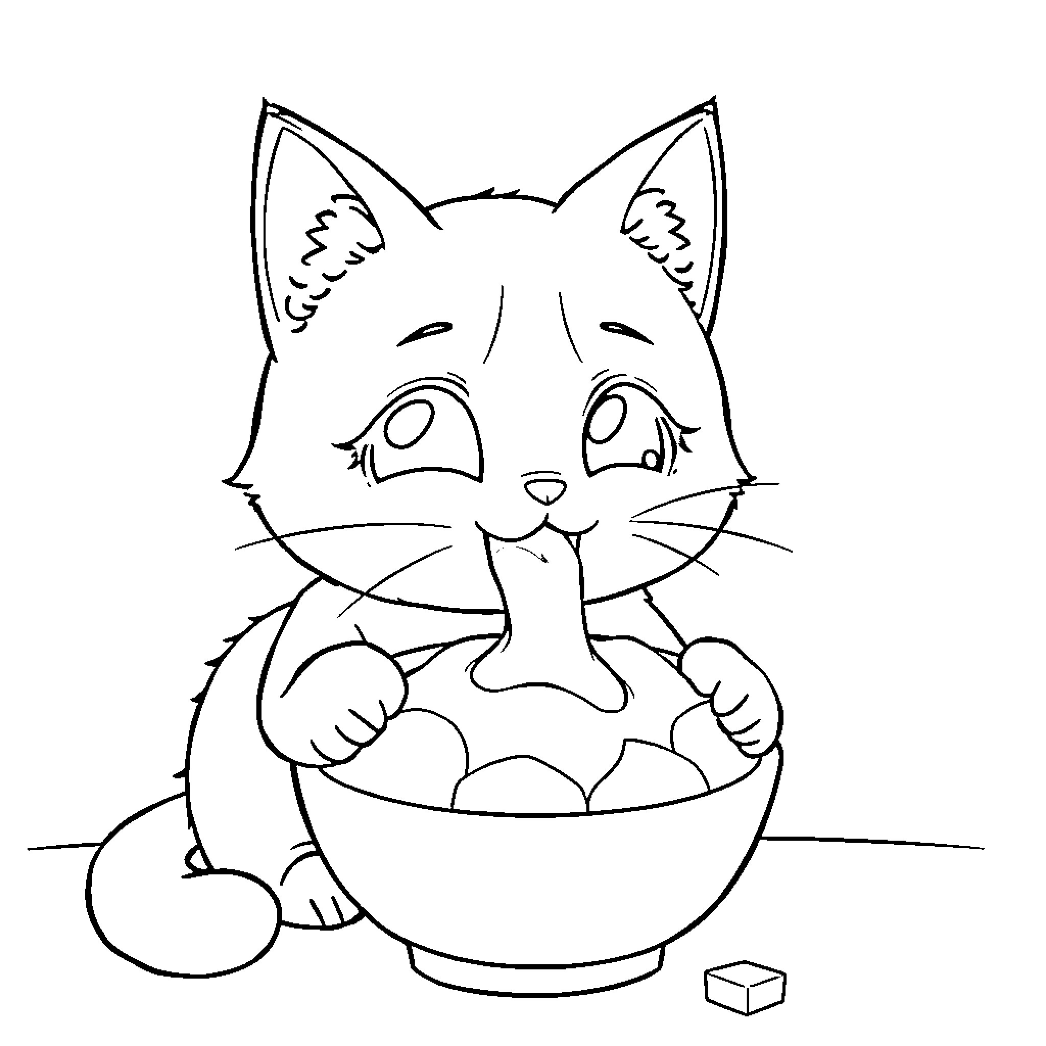 Kuromi enjoying a snack from a bowl Coloring Page (free black-and-white line drawing printable PDF for all, from beginners to advanced learners, including children, teens, adults, and seniors)