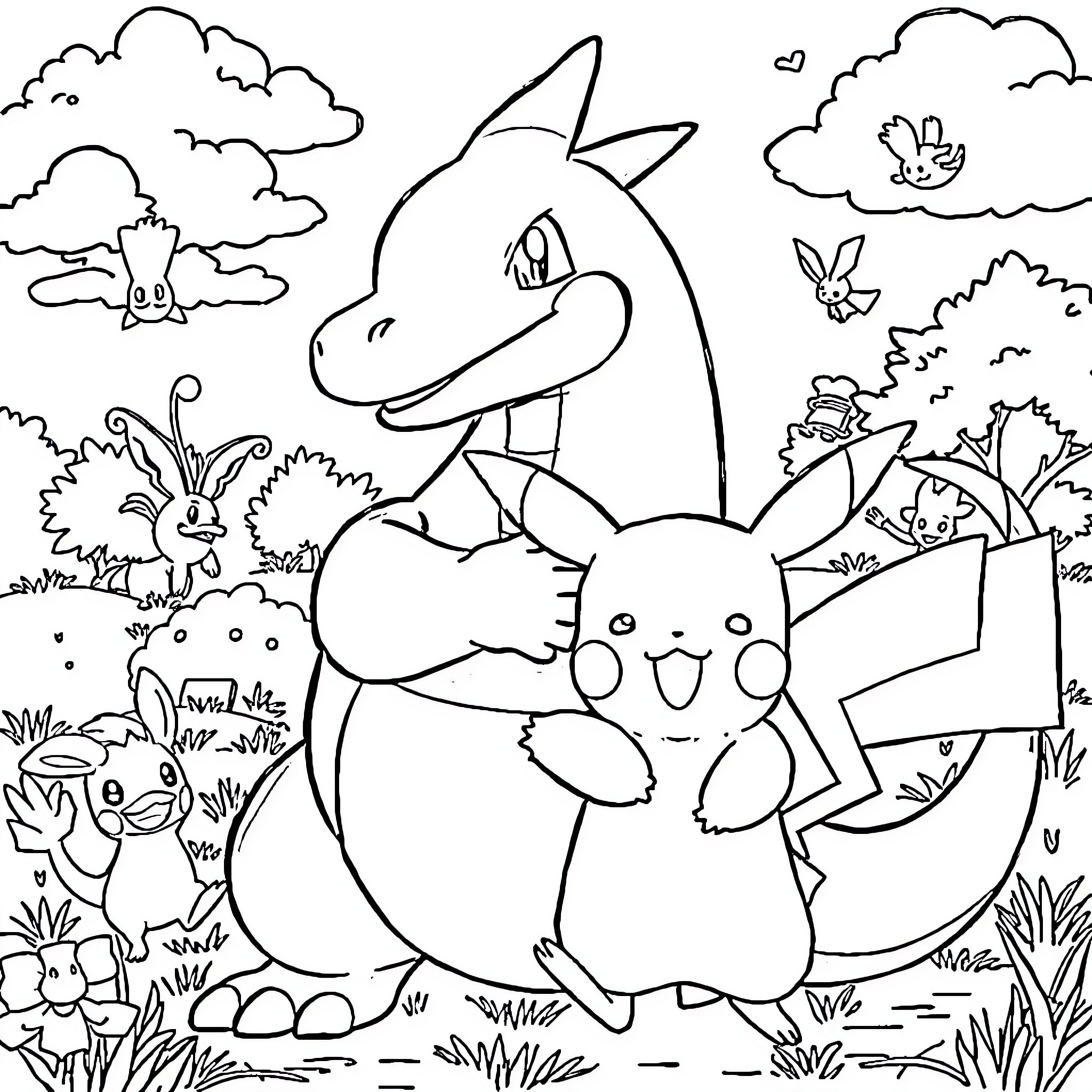 Gyarados battling alongside Pikachu in a nature scene Coloring Page (free black-and-white line drawing printable PDF for all, from beginners to advanced learners, including children, teens, adults, and seniors)