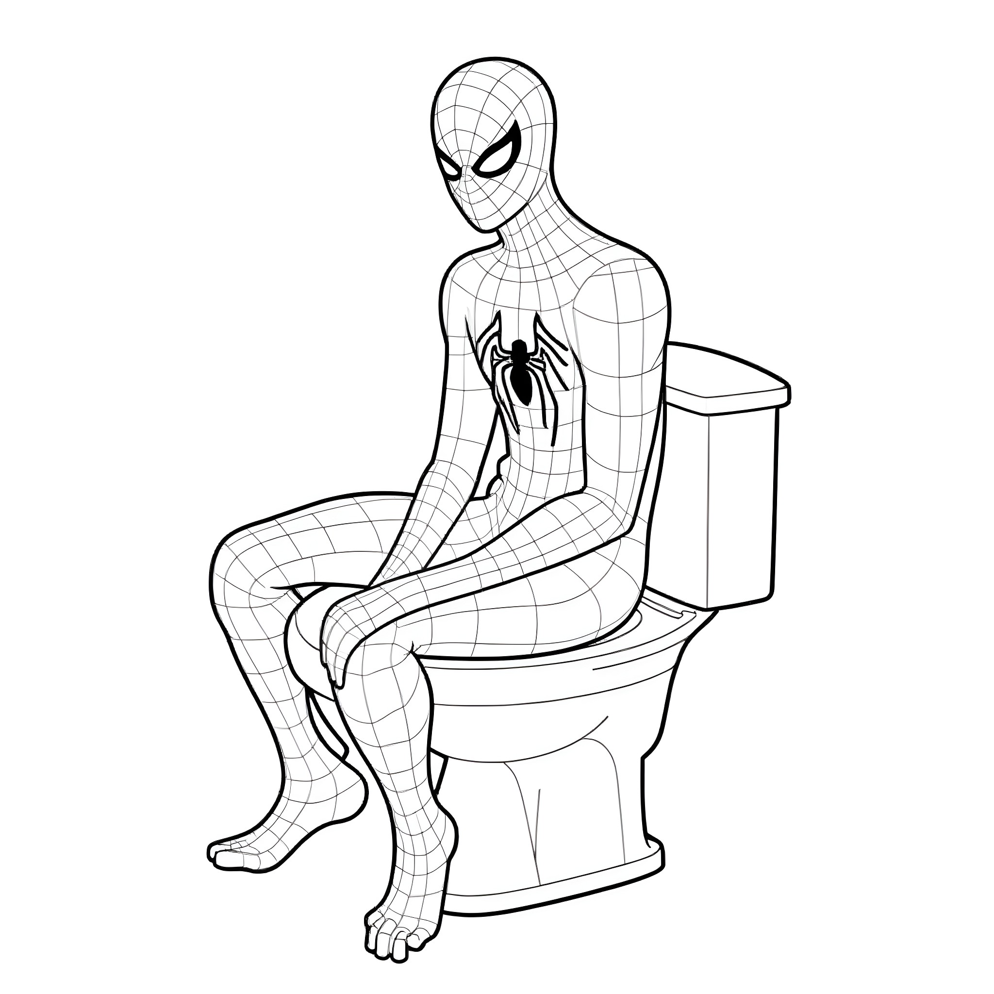 Spiderman sitting on toilet in costume Coloring Page (free black-and-white line drawing printable PDF for all, from beginners to advanced learners, including children, teens, adults, and seniors)