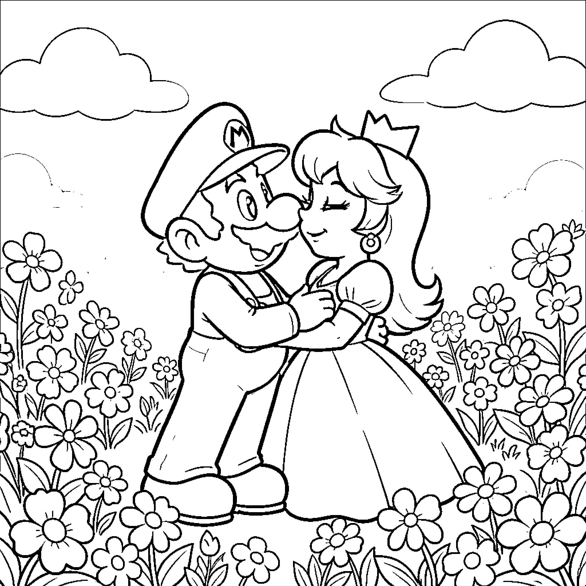 Mario hugging a princess in a flowery field Coloring Page (free black-and-white line drawing printable PDF for all, from beginners to advanced learners, including children, teens, adults, and seniors)
