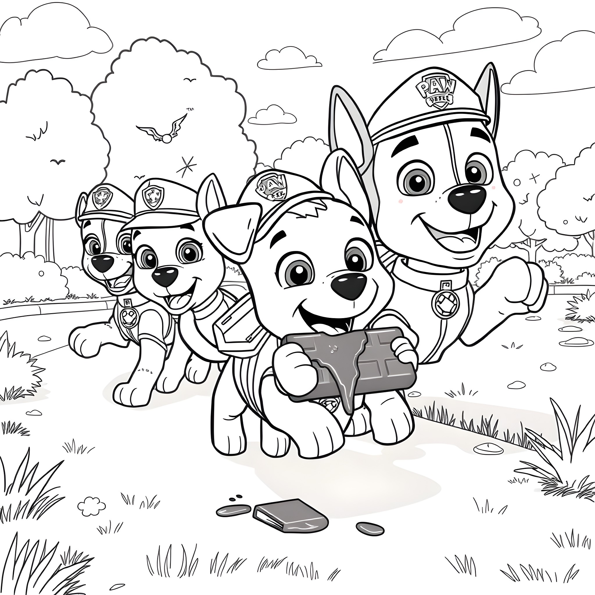 Chase for the lost toy in the park Coloring Page (free black-and-white line drawing printable PDF for all, from beginners to advanced learners, including children, teens, adults, and seniors)