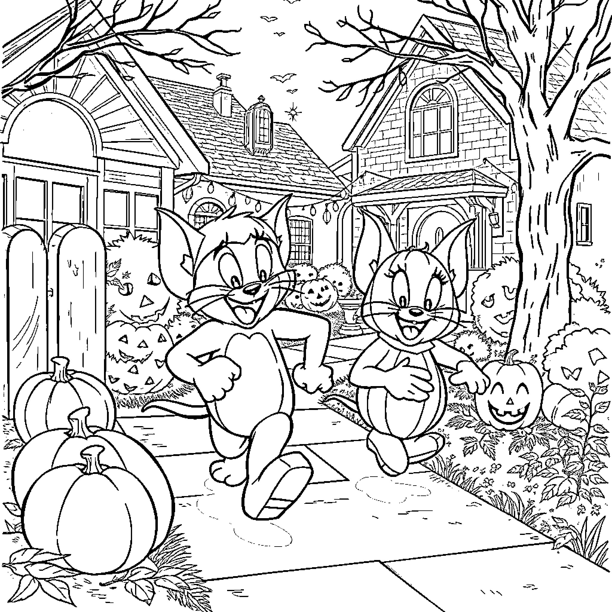 Tom and Jerry's Halloween Hijinks Coloring Page (free black-and-white line drawing printable PDF for all, from beginners to advanced learners, including children, teens, adults, and seniors)