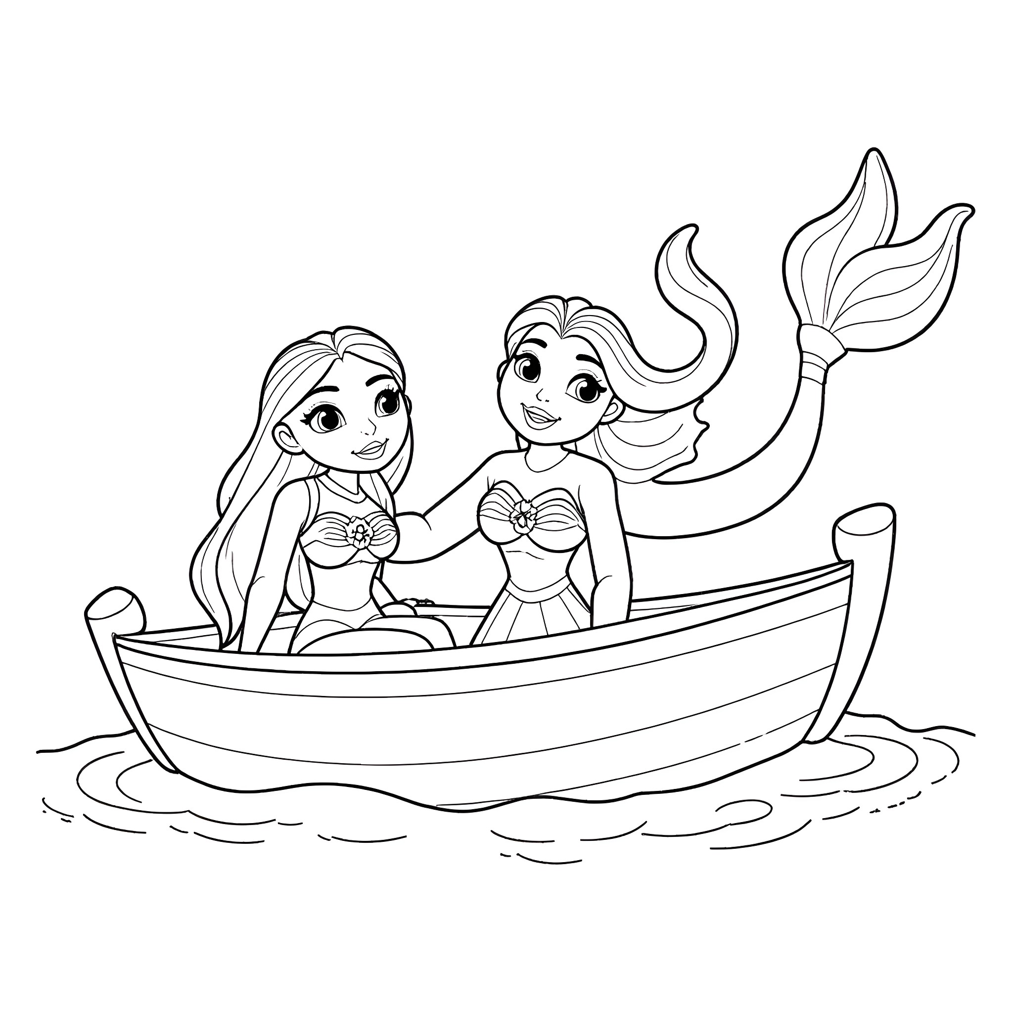 Moana sailing with her friend in the boat Coloring Page (free black-and-white line drawing printable PDF for all, from beginners to advanced learners, including children, teens, adults, and seniors)