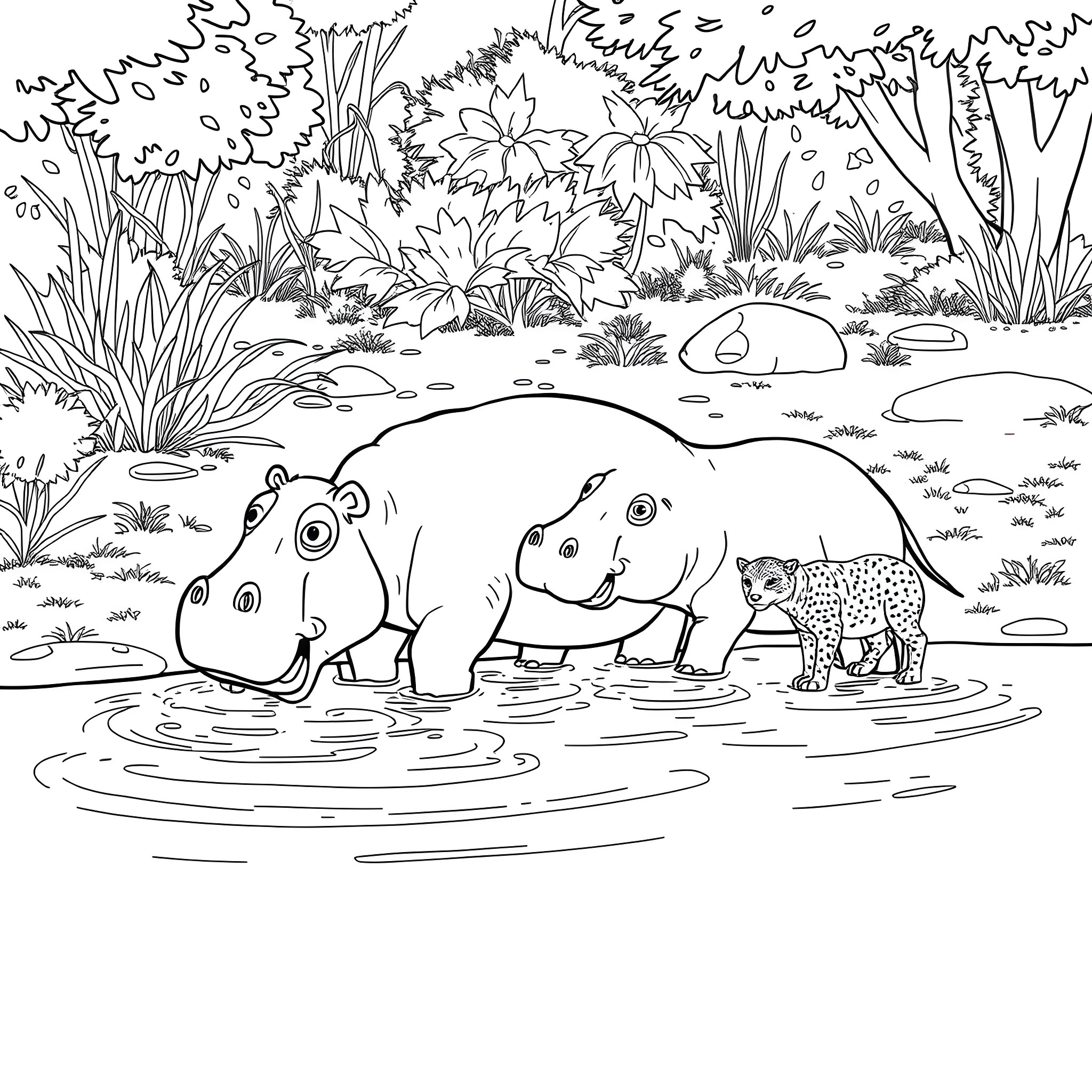 Hippo and Leopard Play in the Watering Hole Coloring Page (free black-and-white line drawing printable PDF for all, from beginners to advanced learners, including children, teens, adults, and seniors)