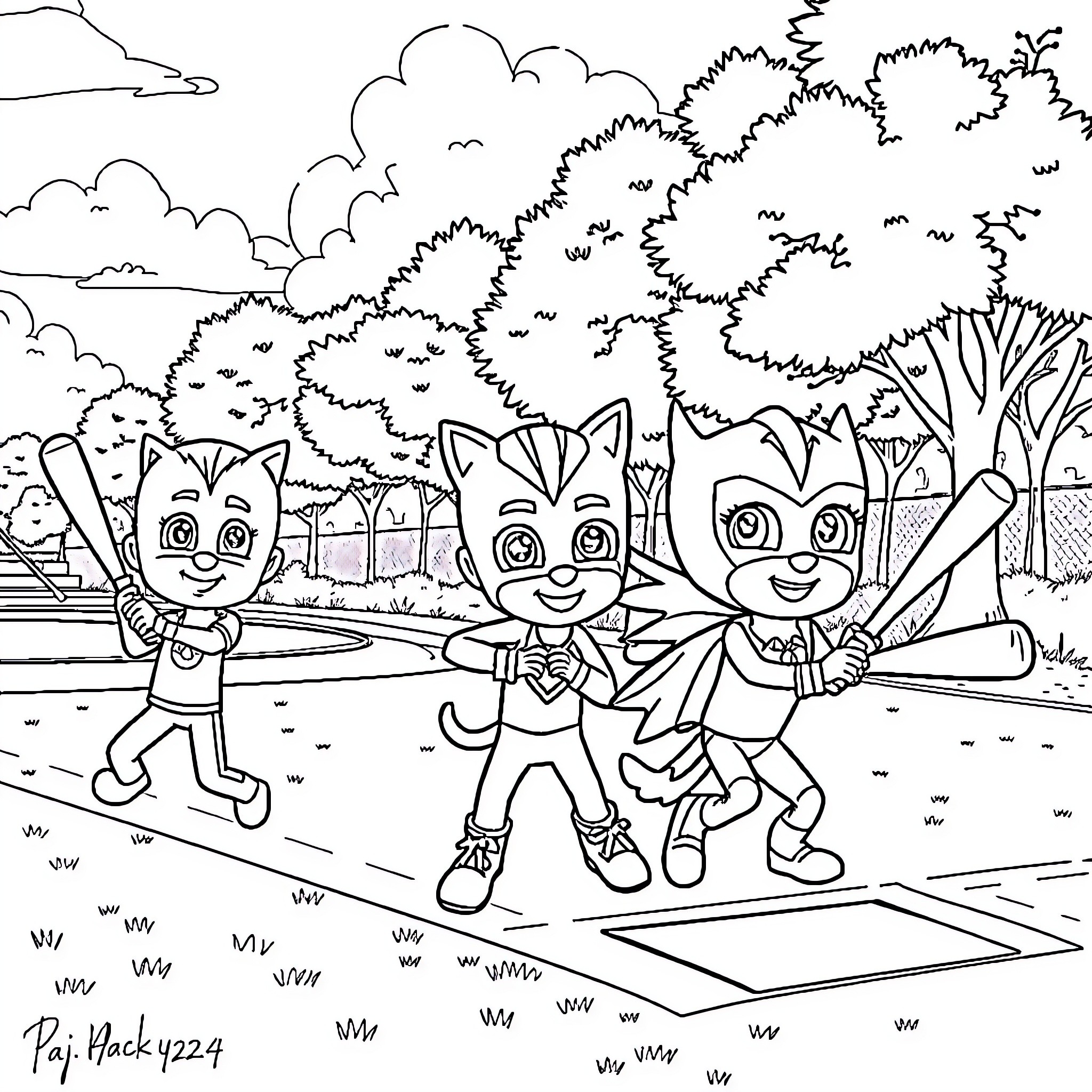 Pj Mask characters in outdoor adventure Coloring Page (free black-and-white line drawing printable PDF for all, from beginners to advanced learners, including children, teens, adults, and seniors)