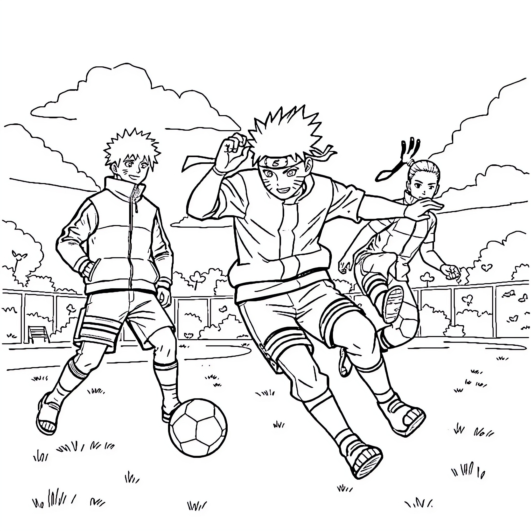 Naruto characters playing soccer on the field Coloring Page (free black-and-white line drawing printable PDF for all, from beginners to advanced learners, including children, teens, adults, and seniors)