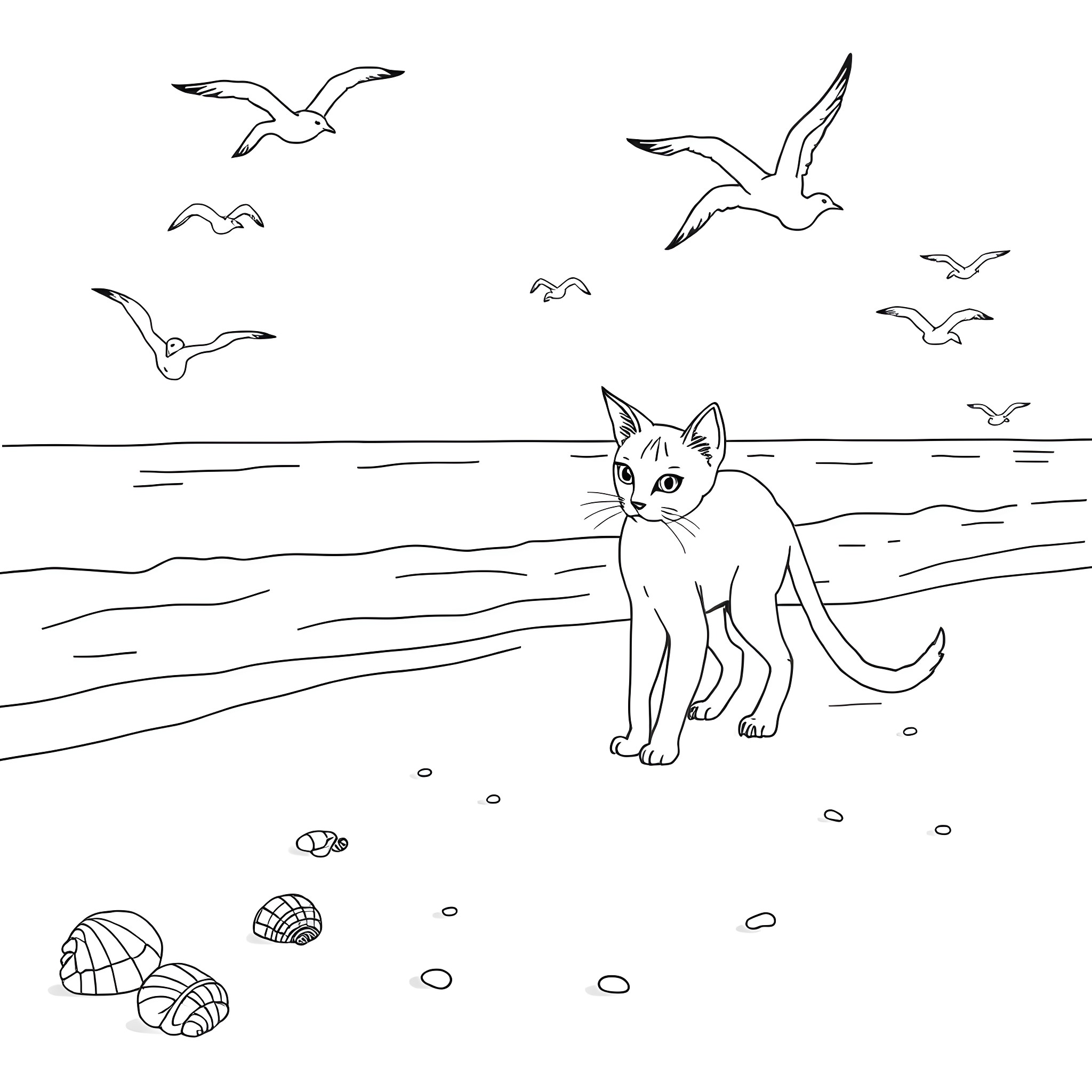 Cat exploring the beach with seagulls Coloring Page (free black-and-white line drawing printable PDF for all, from beginners to advanced learners, including children, teens, adults, and seniors)
