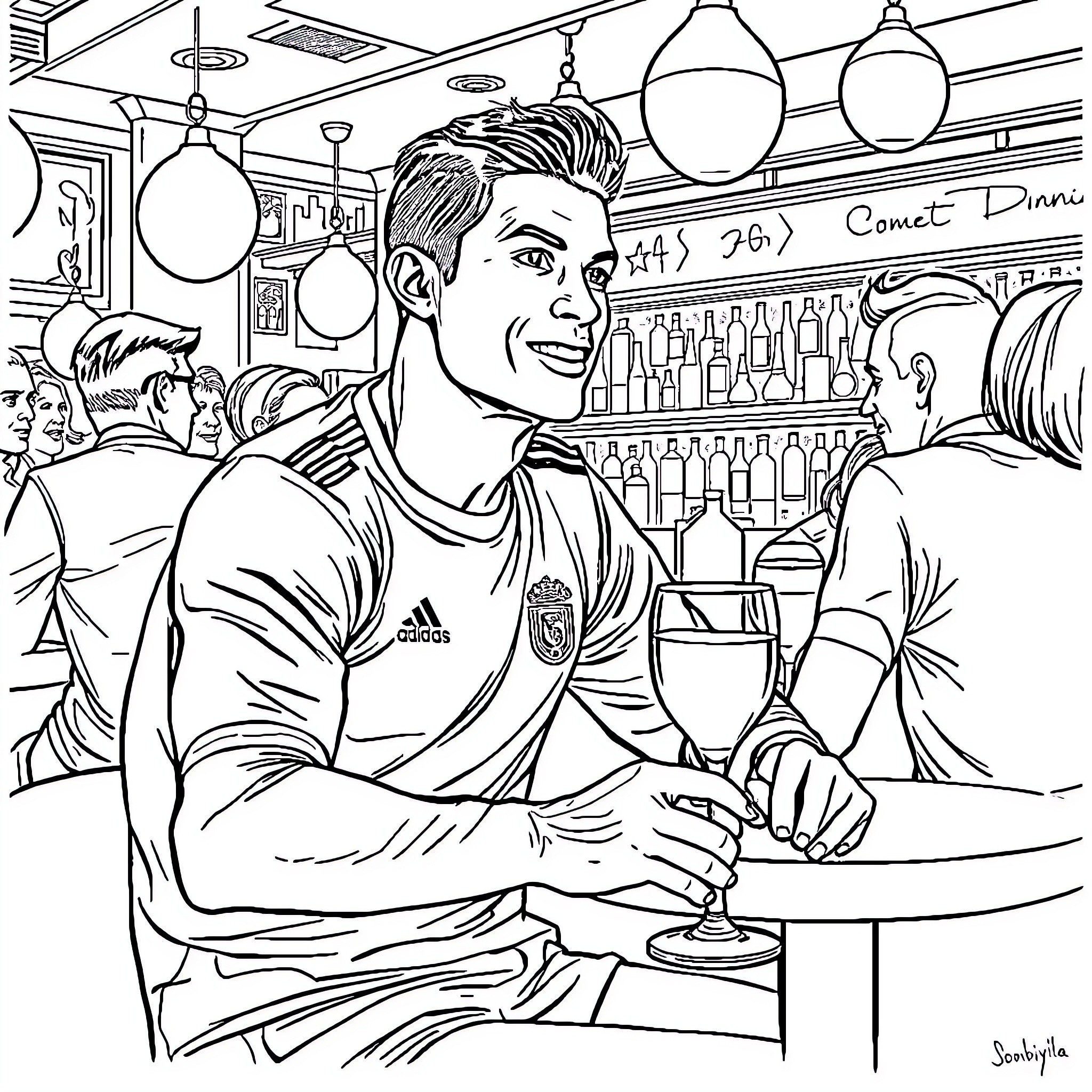 Cristiano Ronaldo Enjoying Drinks with Friends at a Bar Coloring Page (free black-and-white line drawing printable PDF for all, from beginners to advanced learners, including children, teens, adults, and seniors)