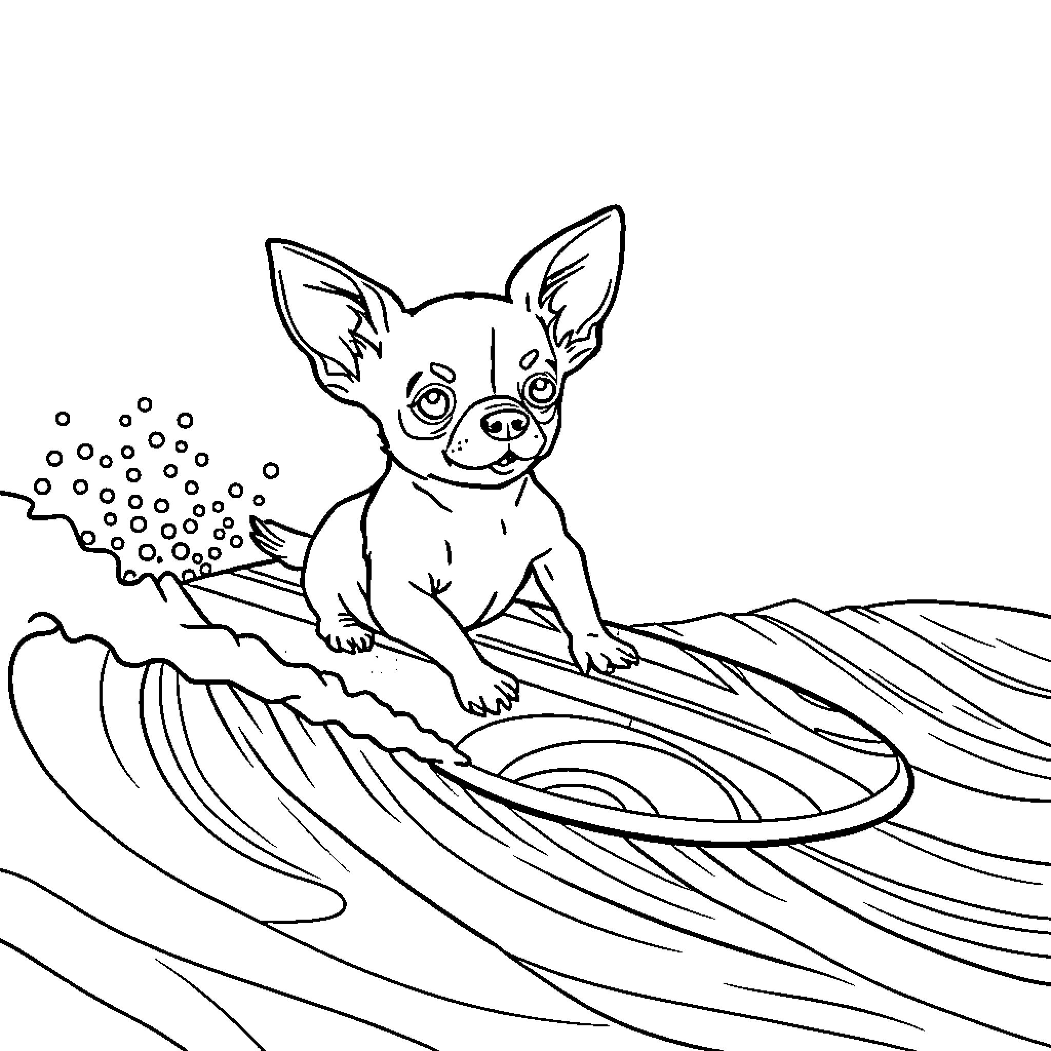 Chihuahua surfing the waves Coloring Page (free black-and-white line drawing printable PDF for all, from beginners to advanced learners, including children, teens, adults, and seniors)