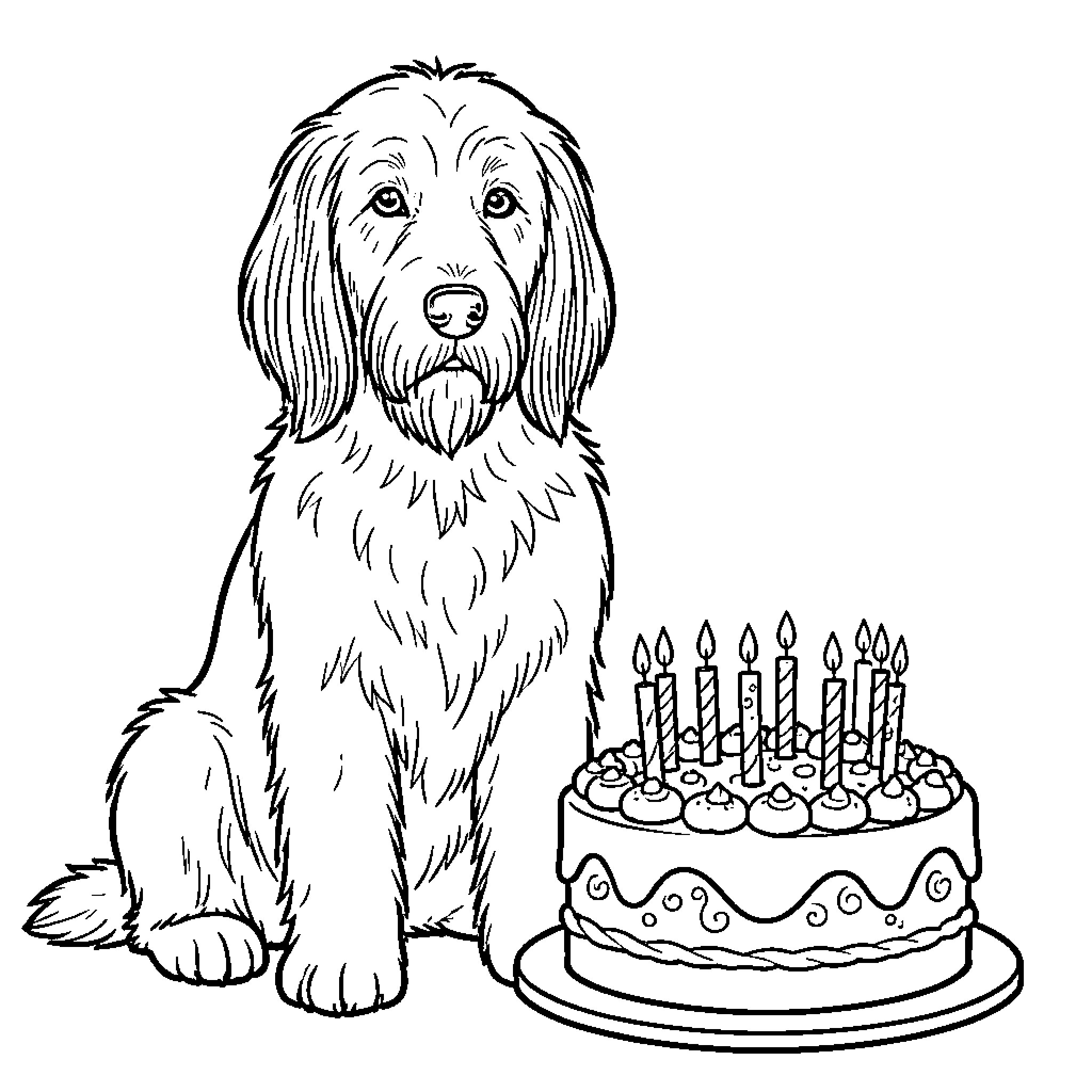 Labradoodle with birthday cake Coloring Page (free black-and-white line drawing printable PDF for all, from beginners to advanced learners, including children, teens, adults, and seniors)
