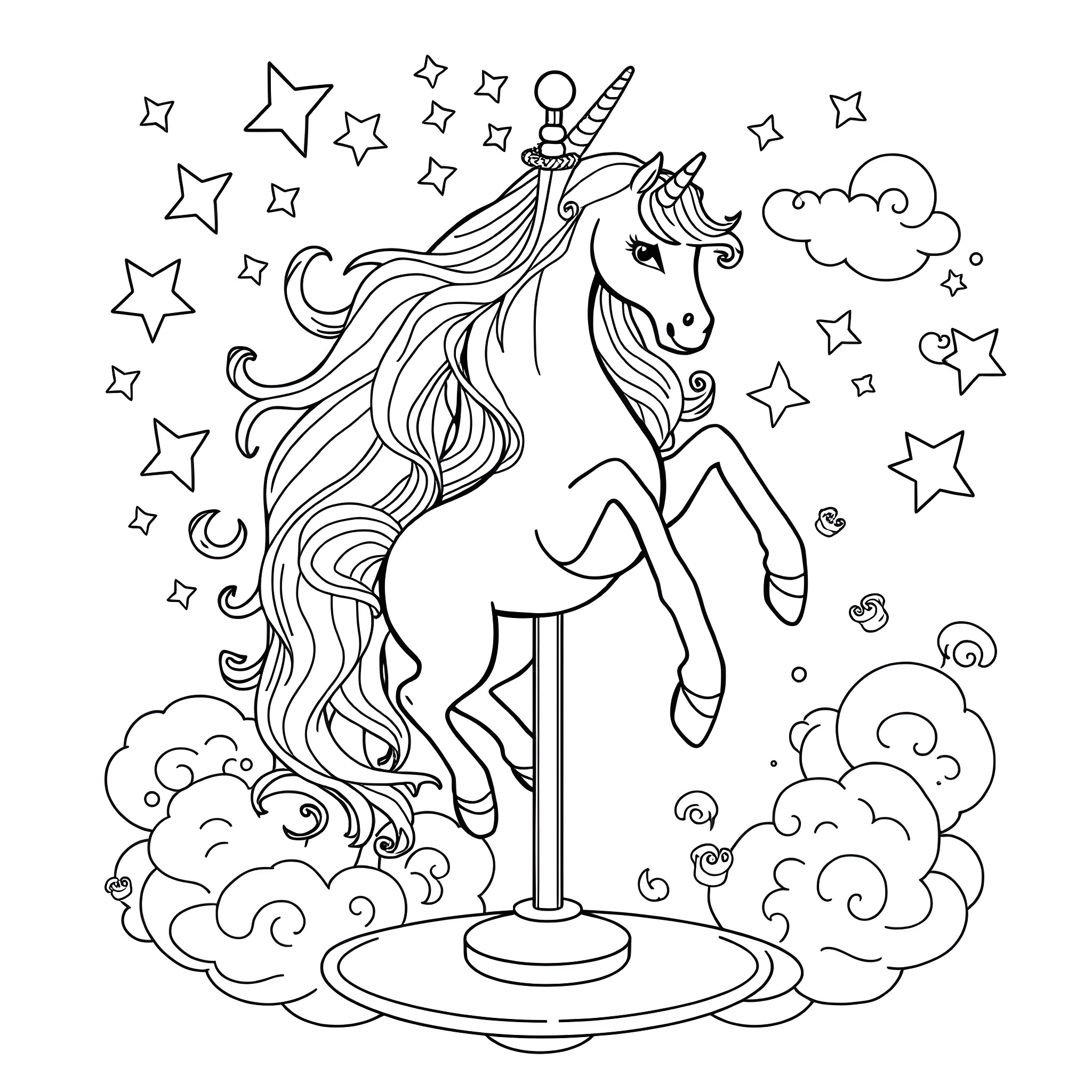 Unicorn Dancing Gracefully Among the Stars Coloring Page (free black-and-white line drawing printable PDF for all, from beginners to advanced learners, including children, teens, adults, and seniors)