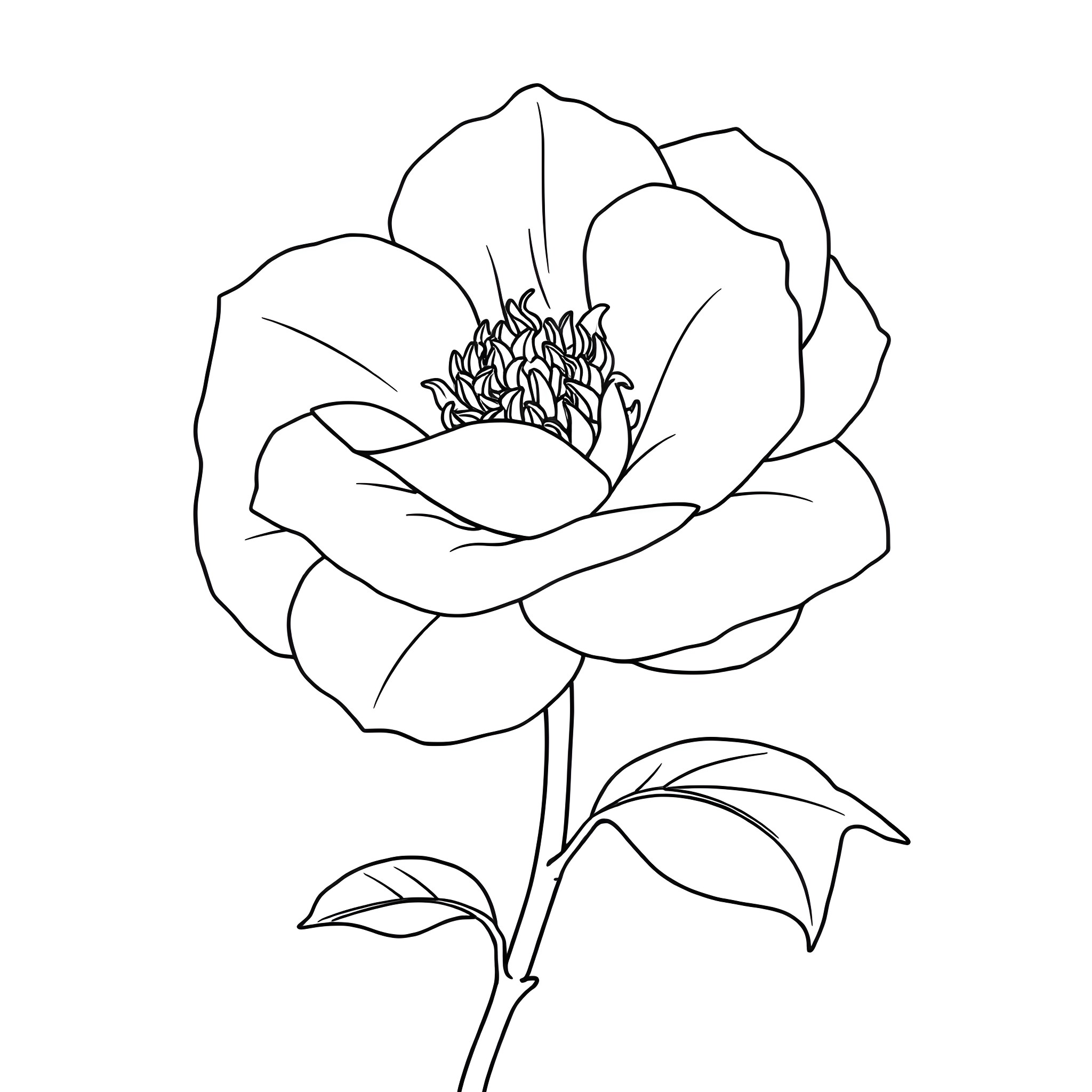 Camellia flower in simple line art Coloring Page (free black-and-white line drawing printable PDF for all, from beginners to advanced learners, including children, teens, adults, and seniors)