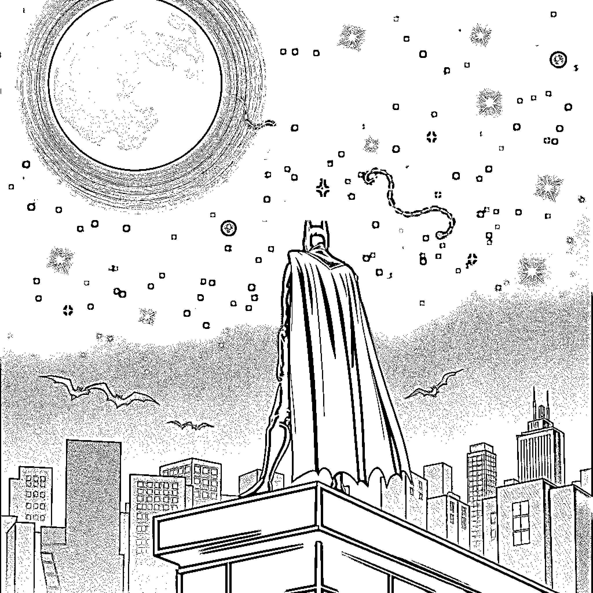 Batman soaring over the city skyline Coloring Page (free black-and-white line drawing printable PDF for all, from beginners to advanced learners, including children, teens, adults, and seniors)