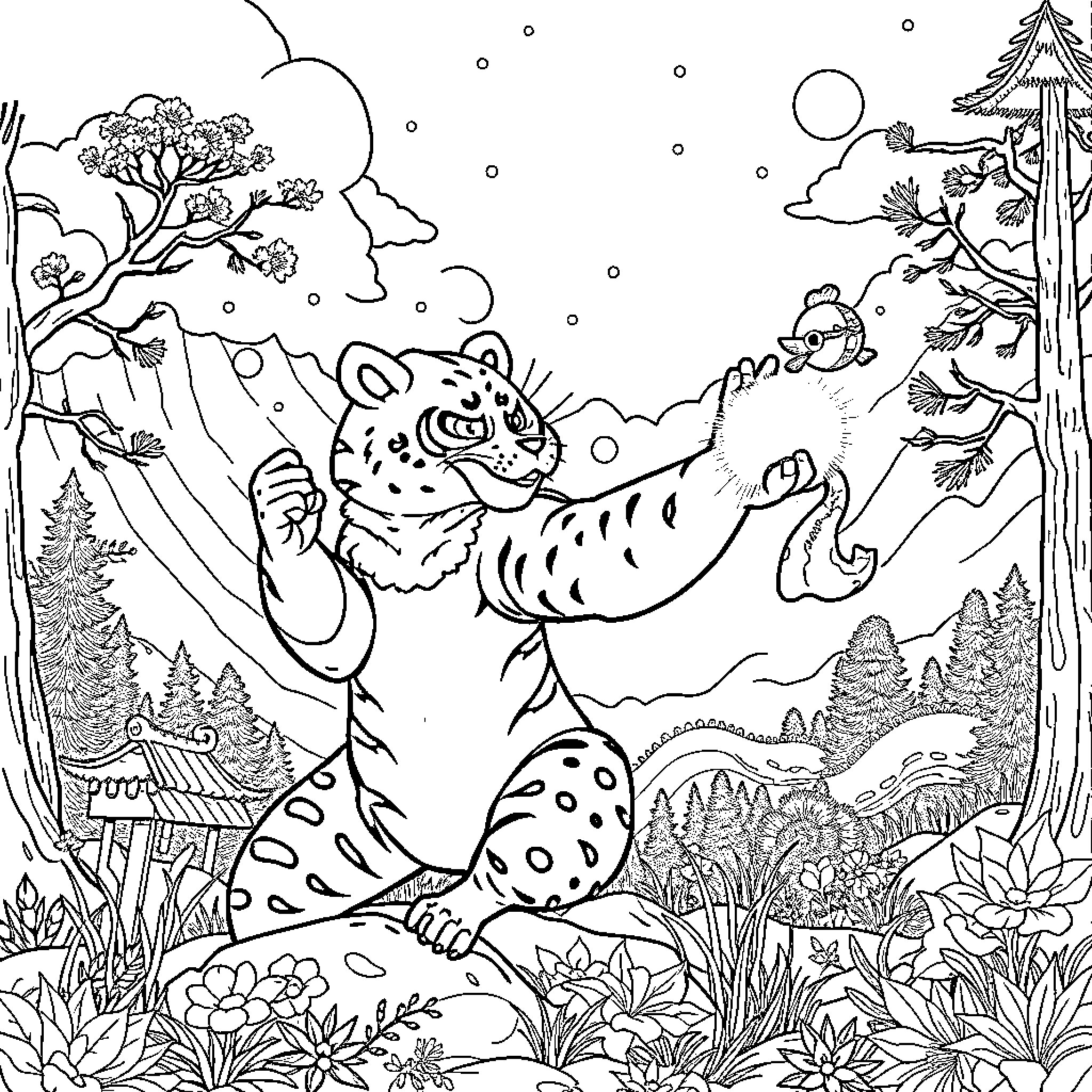 Tigre leaping in the enchanted forest Coloring Page (free black-and-white line drawing printable PDF for all, from beginners to advanced learners, including children, teens, adults, and seniors)