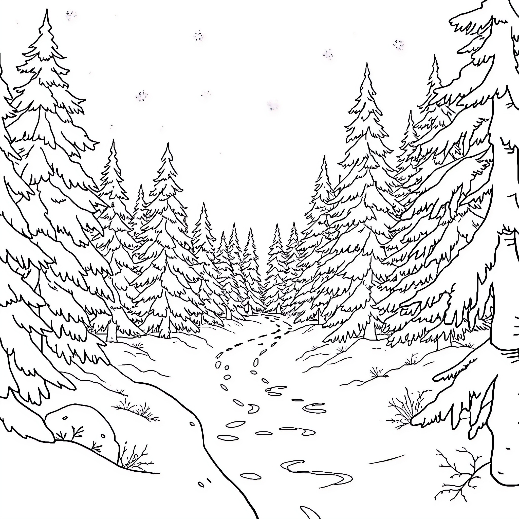 Queen's Snowy Forest Wonderland Coloring Page (free black-and-white line drawing printable PDF for all, from beginners to advanced learners, including children, teens, adults, and seniors)