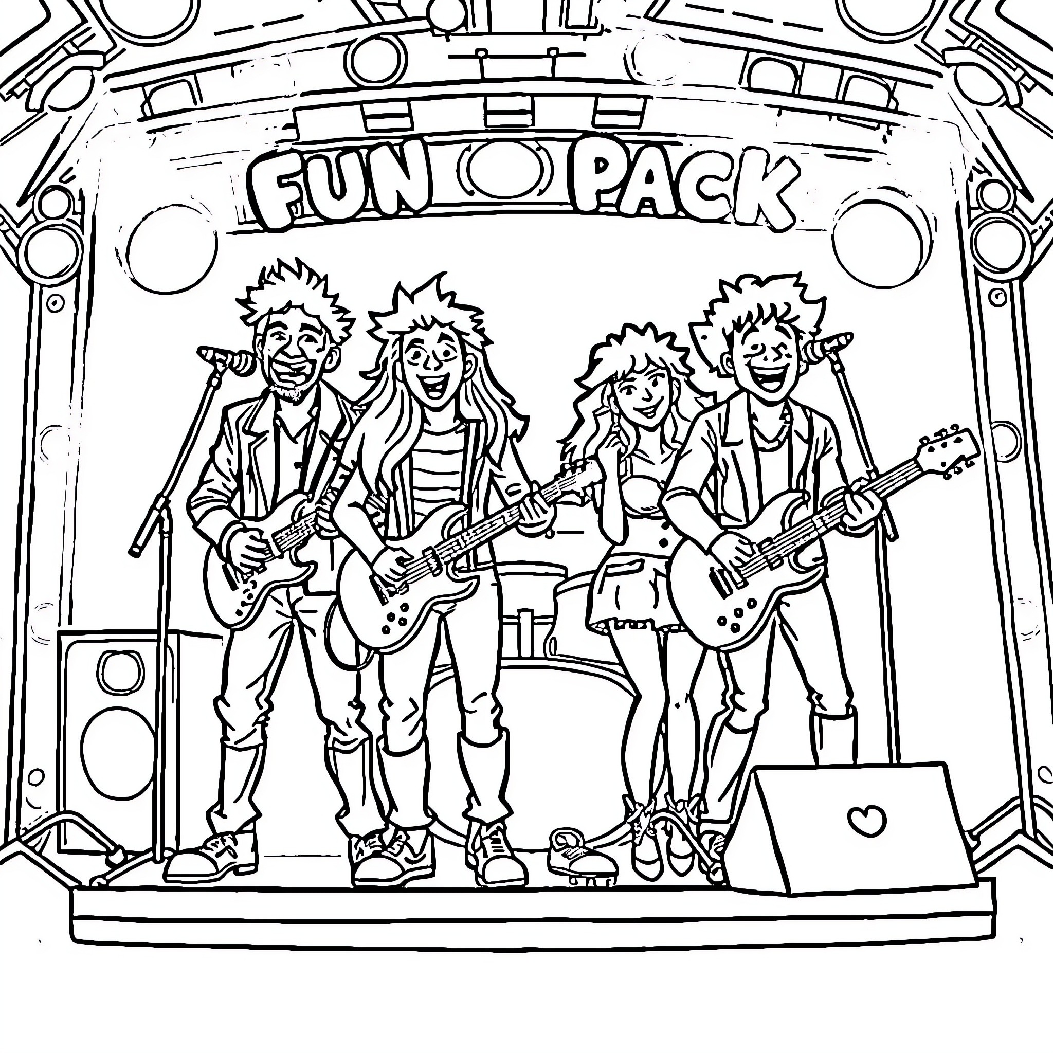 Family band performing on stage with musical instruments Coloring Page (free black-and-white line drawing printable PDF for all, from beginners to advanced learners, including children, teens, adults, and seniors)