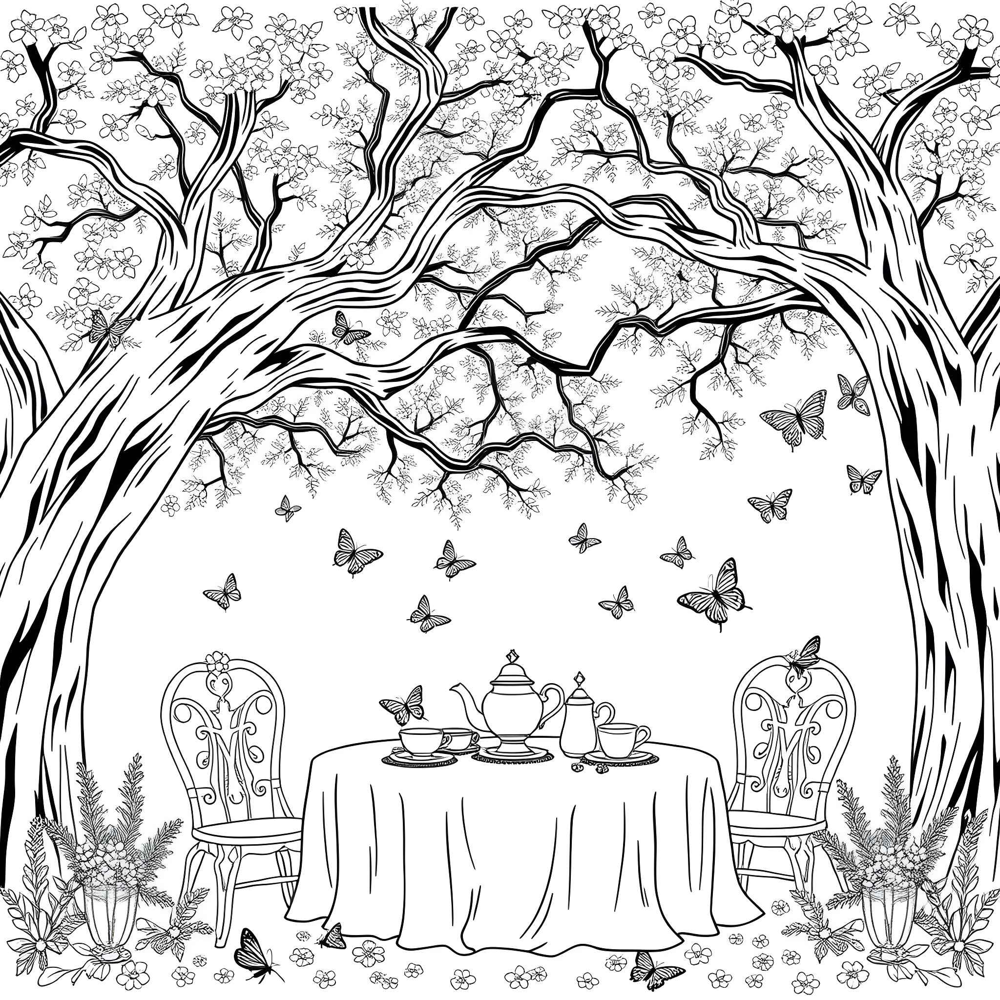 Tea Party in a Whimsical Woodland Coloring Page (free black-and-white line drawing printable PDF for all, from beginners to advanced learners, including children, teens, adults, and seniors)