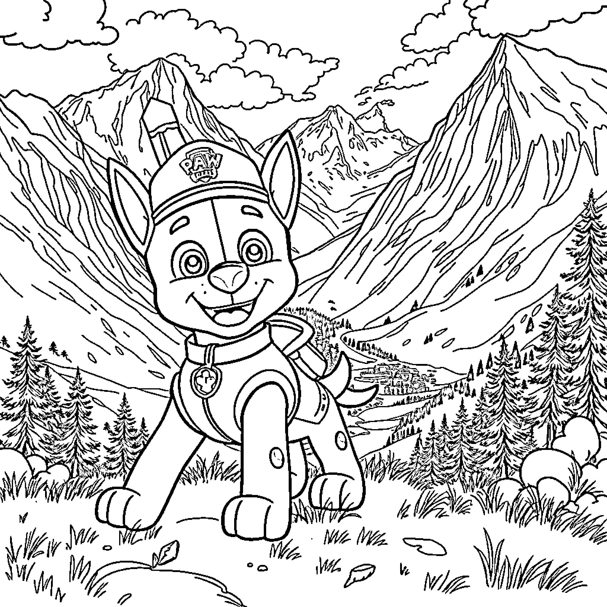 Chase the Adventure in the Mountains Coloring Page (free black-and-white line drawing printable PDF for all, from beginners to advanced learners, including children, teens, adults, and seniors)