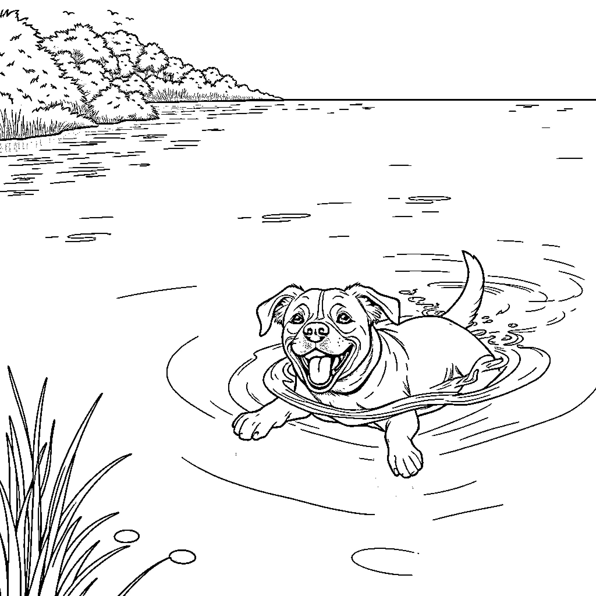 Dog swimming joyfully in the lake Coloring Page (free black-and-white line drawing printable PDF for all, from beginners to advanced learners, including children, teens, adults, and seniors)