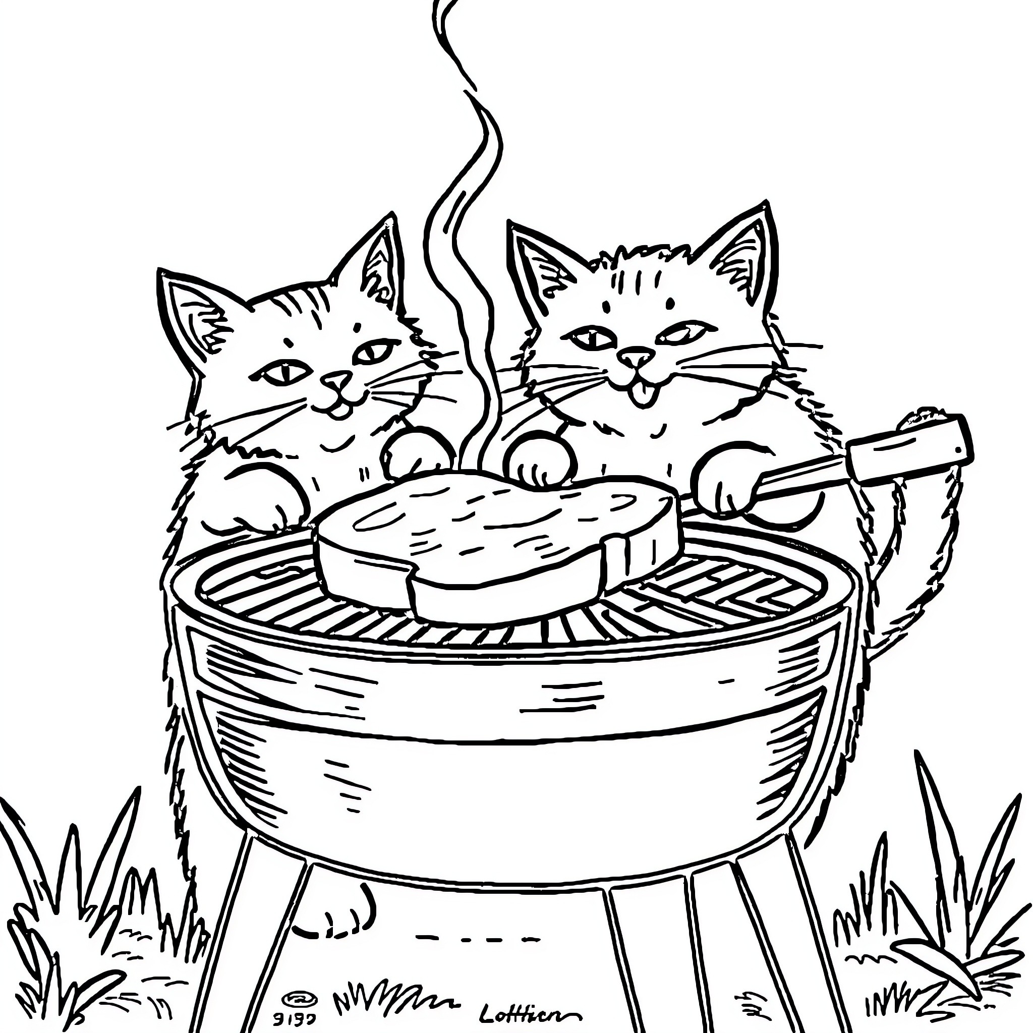 Cats Enjoying a Cozy Barbecue Coloring Page (free black-and-white line drawing printable PDF for all, from beginners to advanced learners, including children, teens, adults, and seniors)