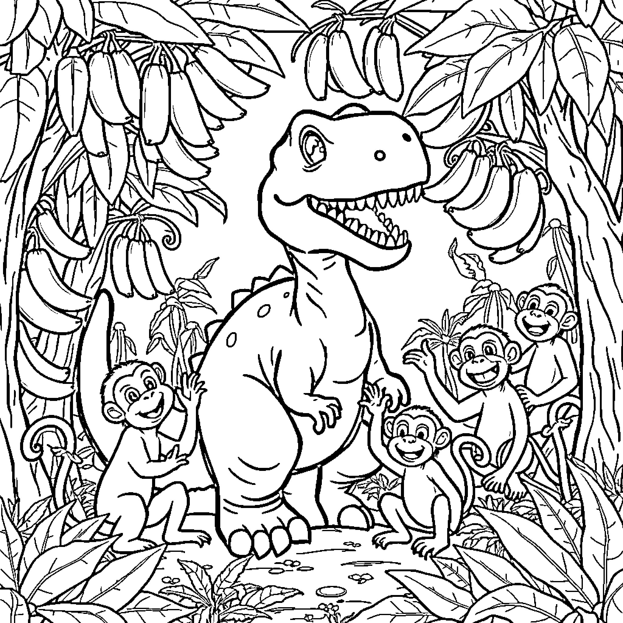 Dinosaur in the Jungle with Monkeys Coloring Page (free black-and-white line drawing printable PDF for all, from beginners to advanced learners, including children, teens, adults, and seniors)