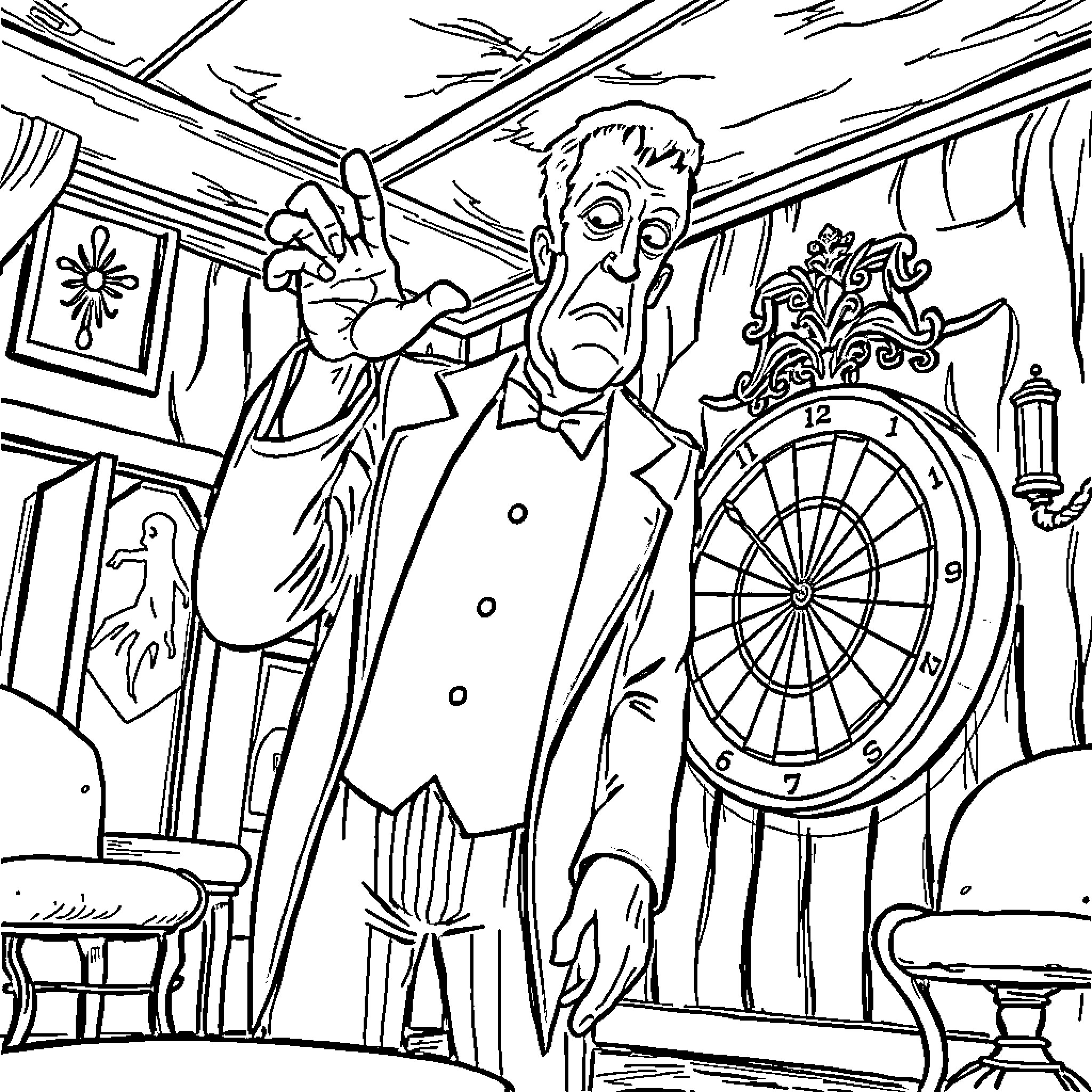 Herman Munster solves a mystery in his mansion Coloring Page (free black-and-white line drawing printable PDF for all, from beginners to advanced learners, including children, teens, adults, and seniors)