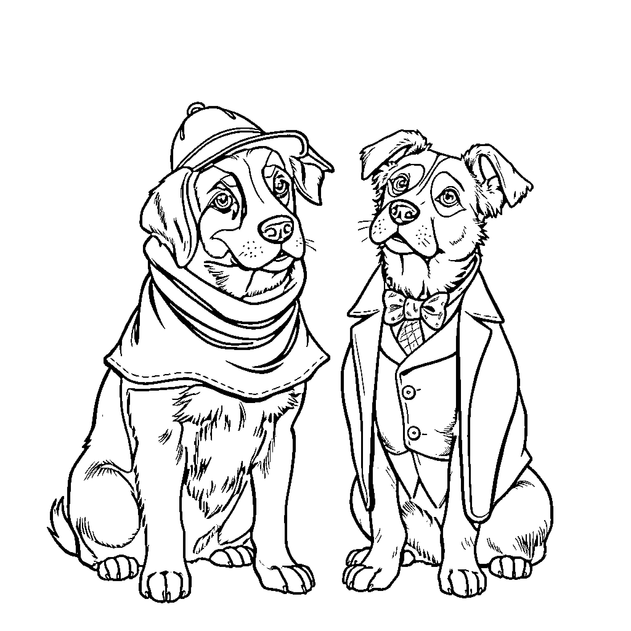 Dog Companions in Formal Attire Coloring Page (free black-and-white line drawing printable PDF for all, from beginners to advanced learners, including children, teens, adults, and seniors)