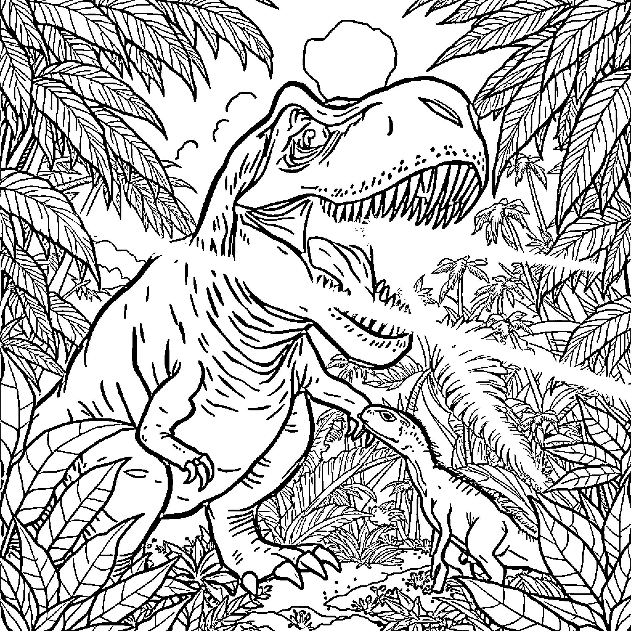 T-Rex roaming through the prehistoric jungle Coloring Page (free black-and-white line drawing printable PDF for all, from beginners to advanced learners, including children, teens, adults, and seniors)