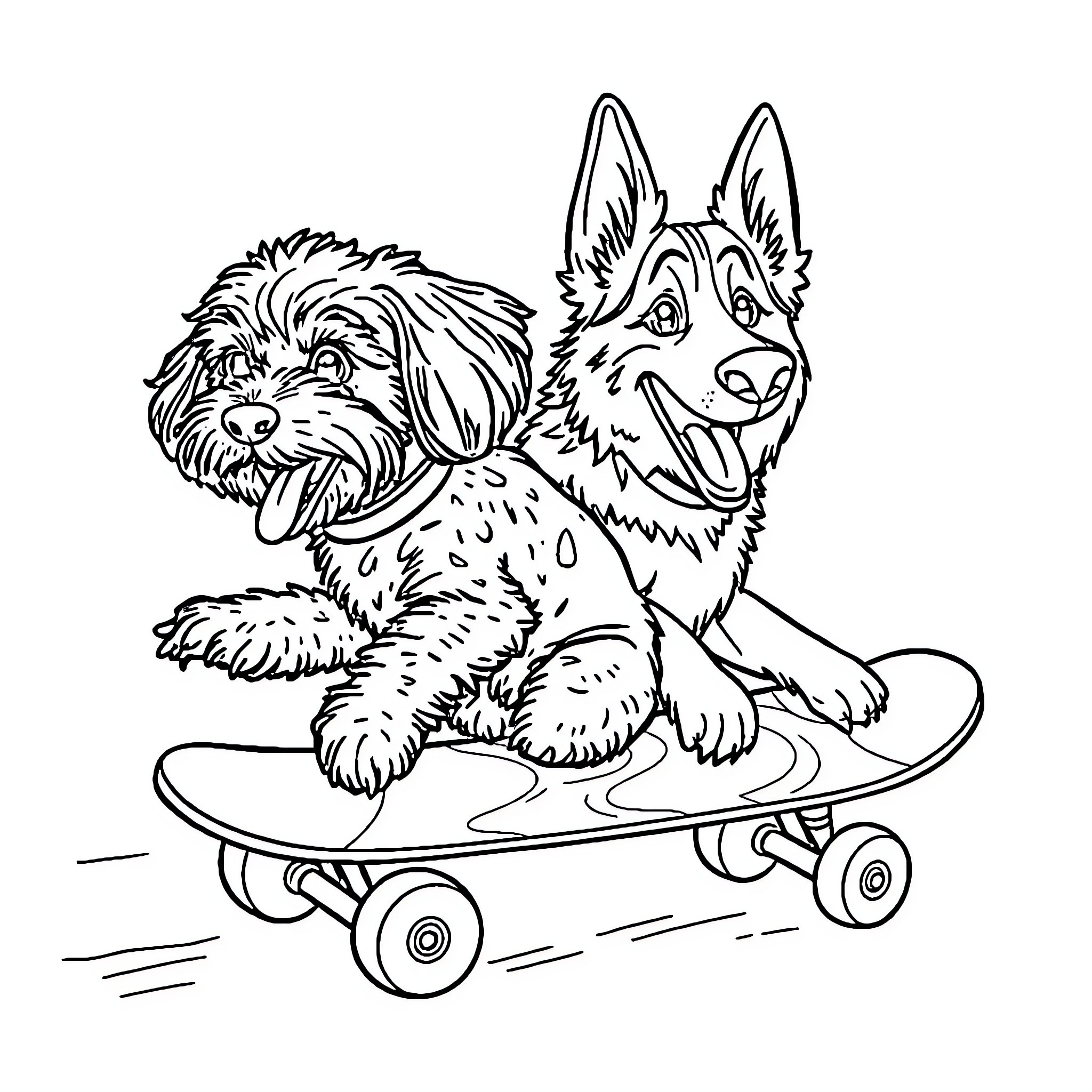 Dog riding skateboard with excitement Coloring Page (free black-and-white line drawing printable PDF for all, from beginners to advanced learners, including children, teens, adults, and seniors)