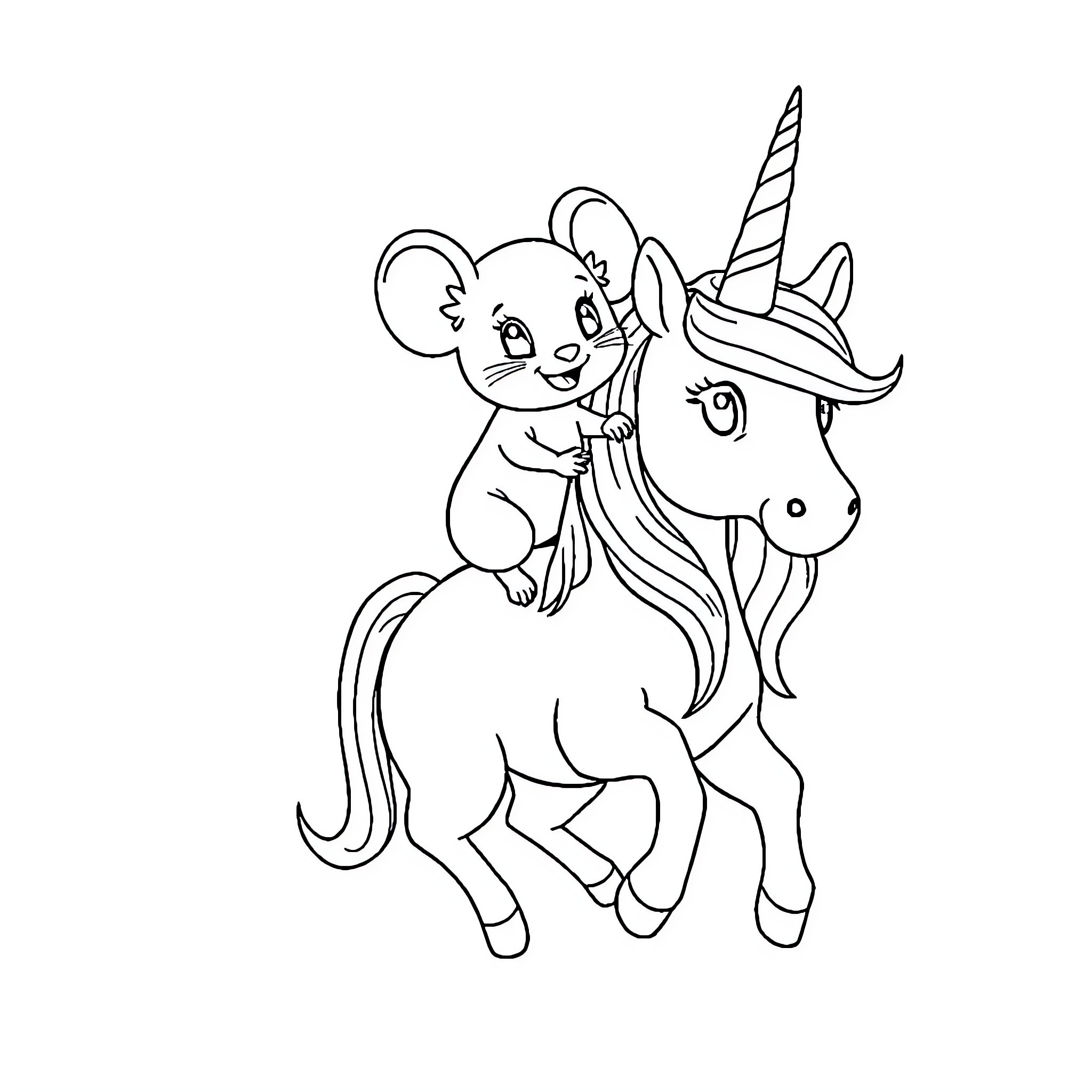 Mini Mouse riding a magical unicorn Coloring Page (free black-and-white line drawing printable PDF for all, from beginners to advanced learners, including children, teens, adults, and seniors)