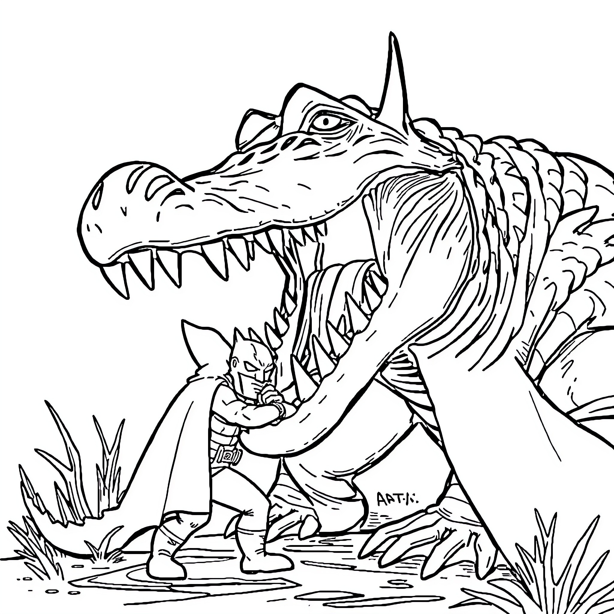 Crocodile devouring a warrior in the swamp Coloring Page (free black-and-white line drawing printable PDF for all, from beginners to advanced learners, including children, teens, adults, and seniors)