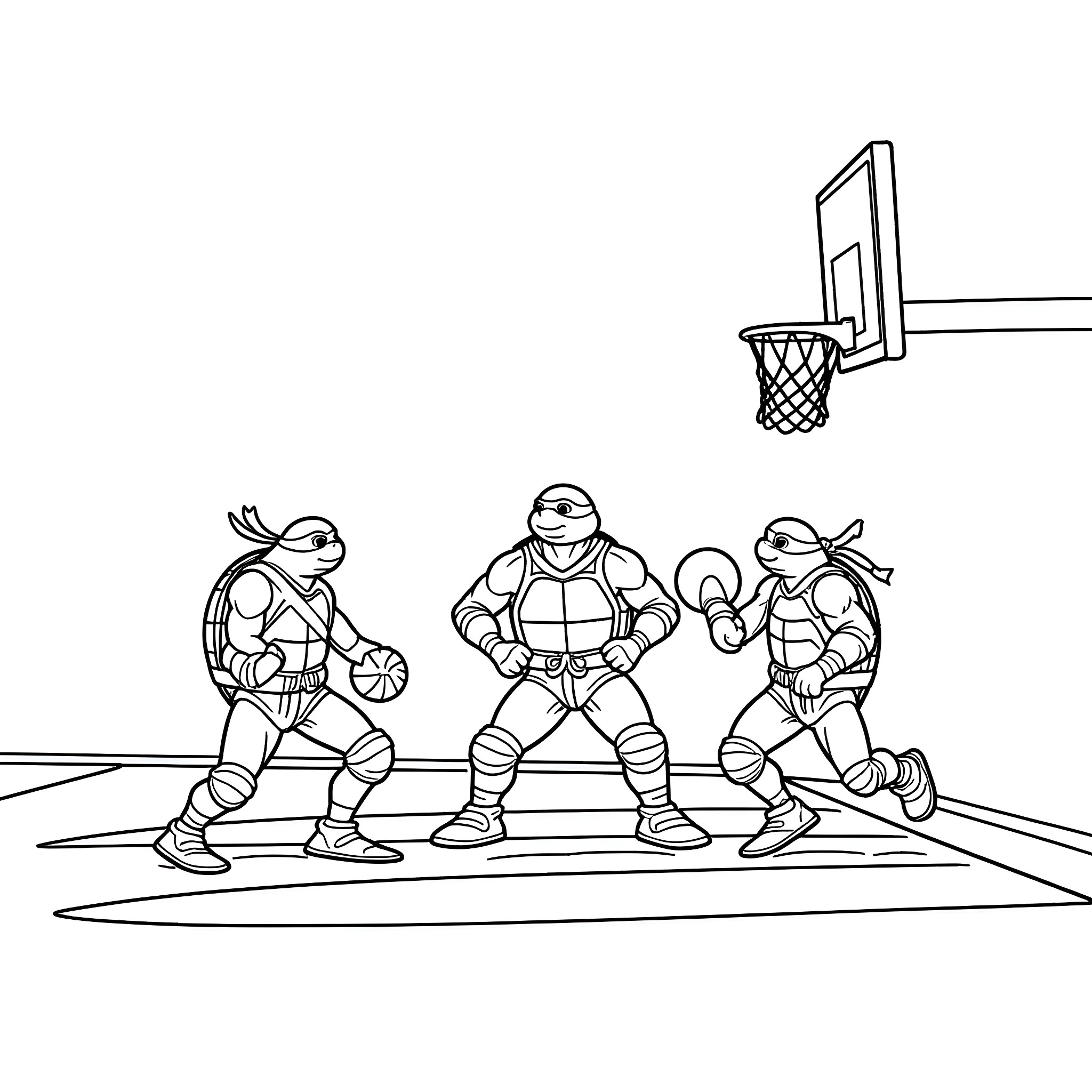 Ninja Turtles playing basketball on the court Coloring Page (free black-and-white line drawing printable PDF for all, from beginners to advanced learners, including children, teens, adults, and seniors)