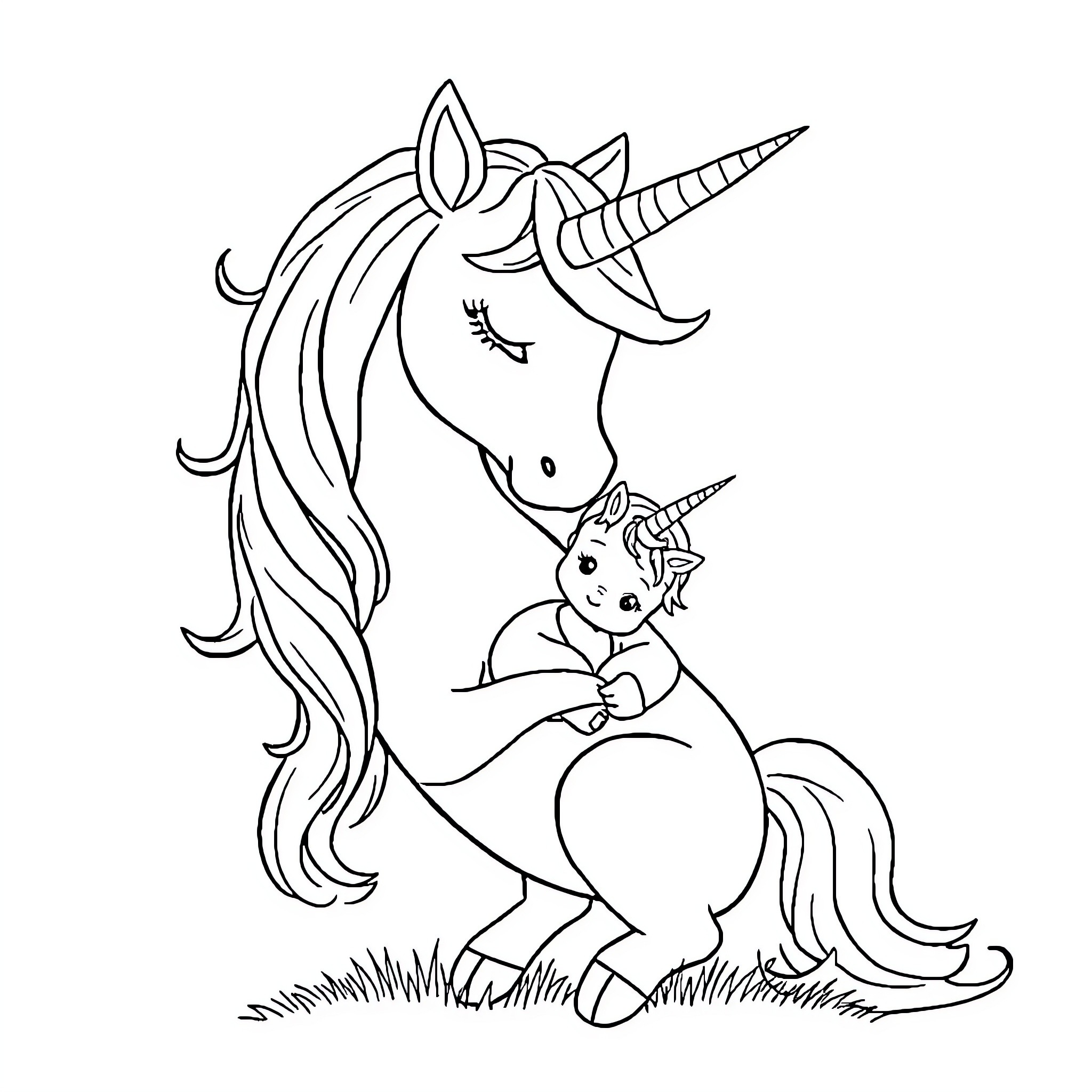 Unicorn and child playing together in the field Coloring Page (free black-and-white line drawing printable PDF for all, from beginners to advanced learners, including children, teens, adults, and seniors)