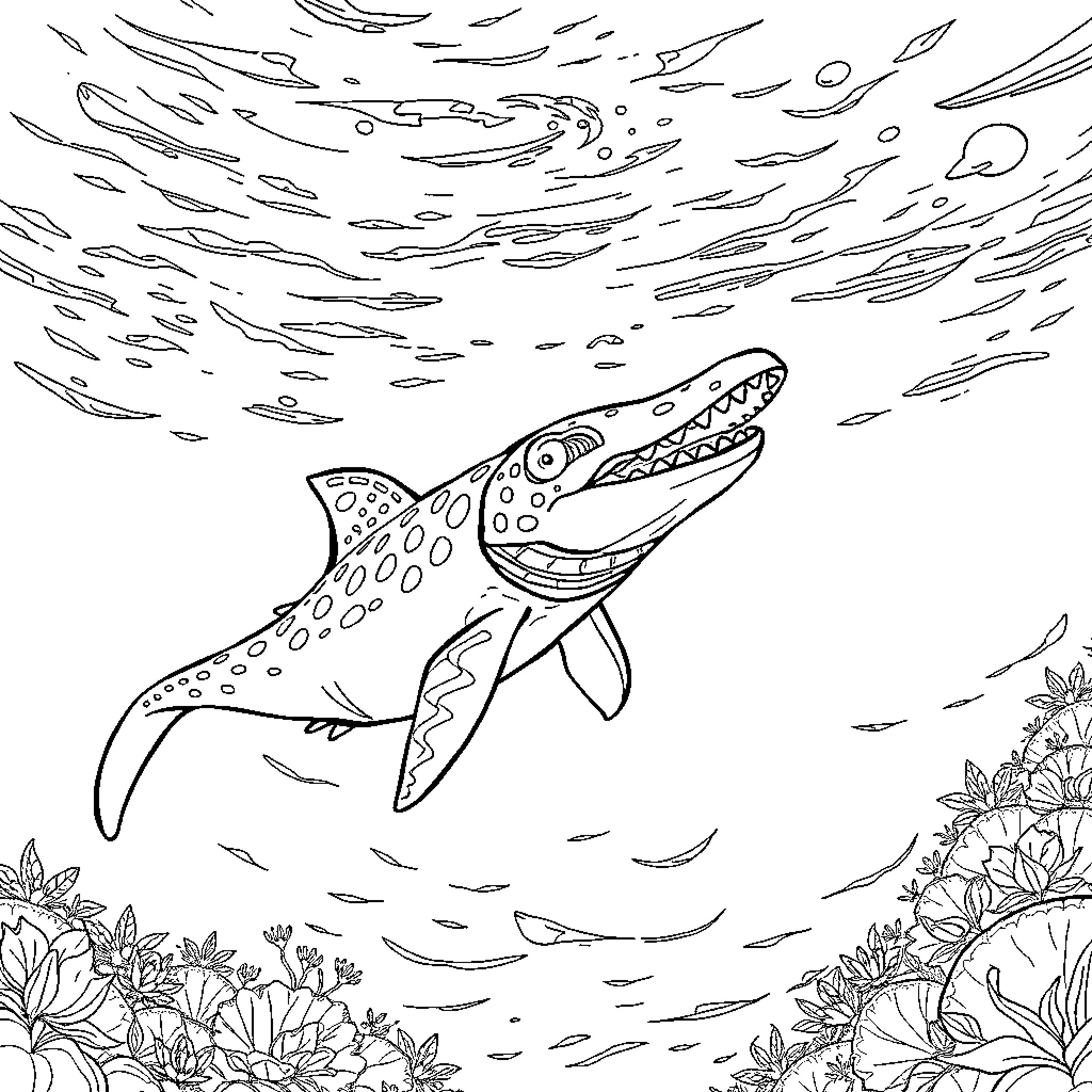 Cachalote swimming in the ocean with plants Coloring Page (free black-and-white line drawing printable PDF for all, from beginners to advanced learners, including children, teens, adults, and seniors)