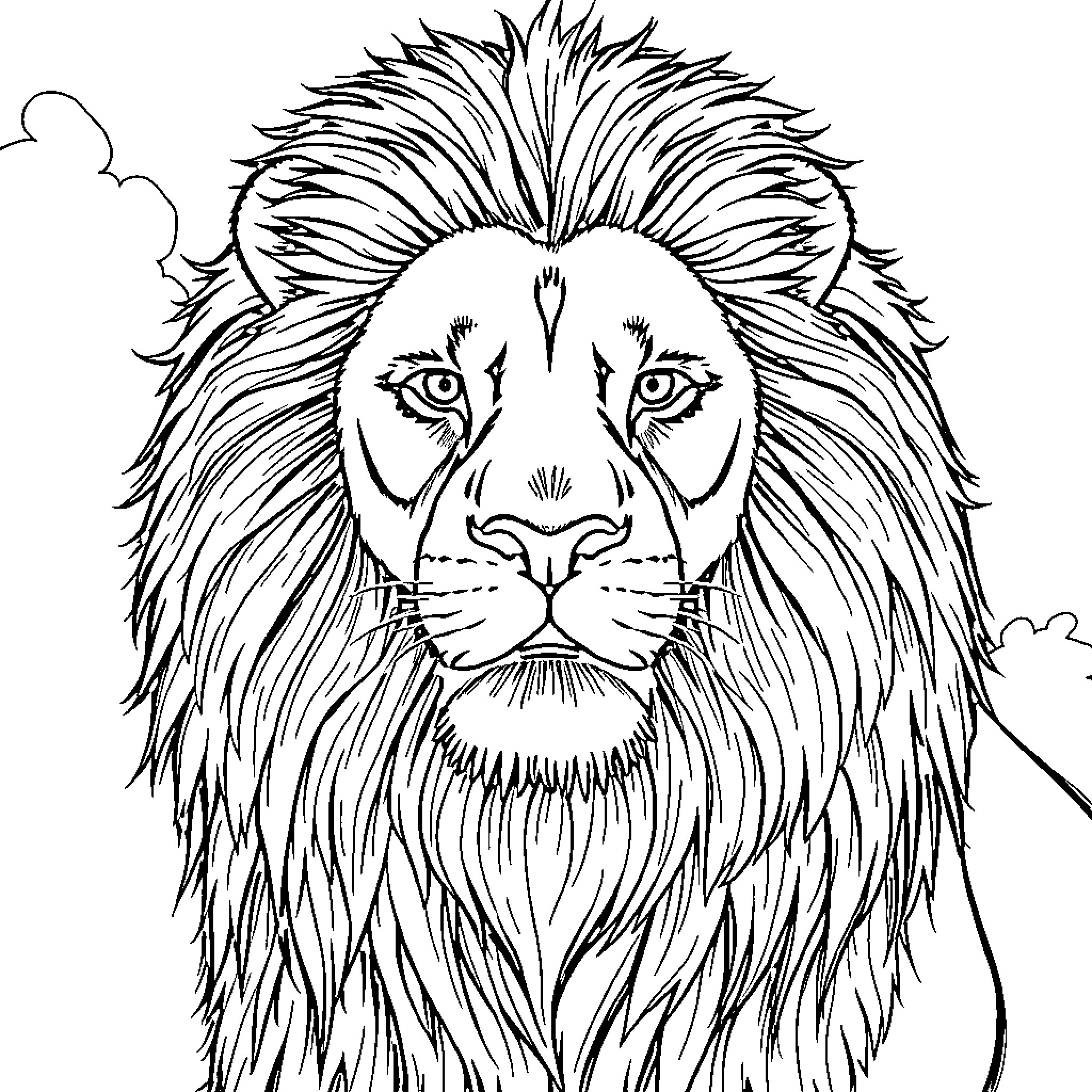 Lion with fierce expression and detailed fur Coloring Page (free black-and-white line drawing printable PDF for all, from beginners to advanced learners, including children, teens, adults, and seniors)
