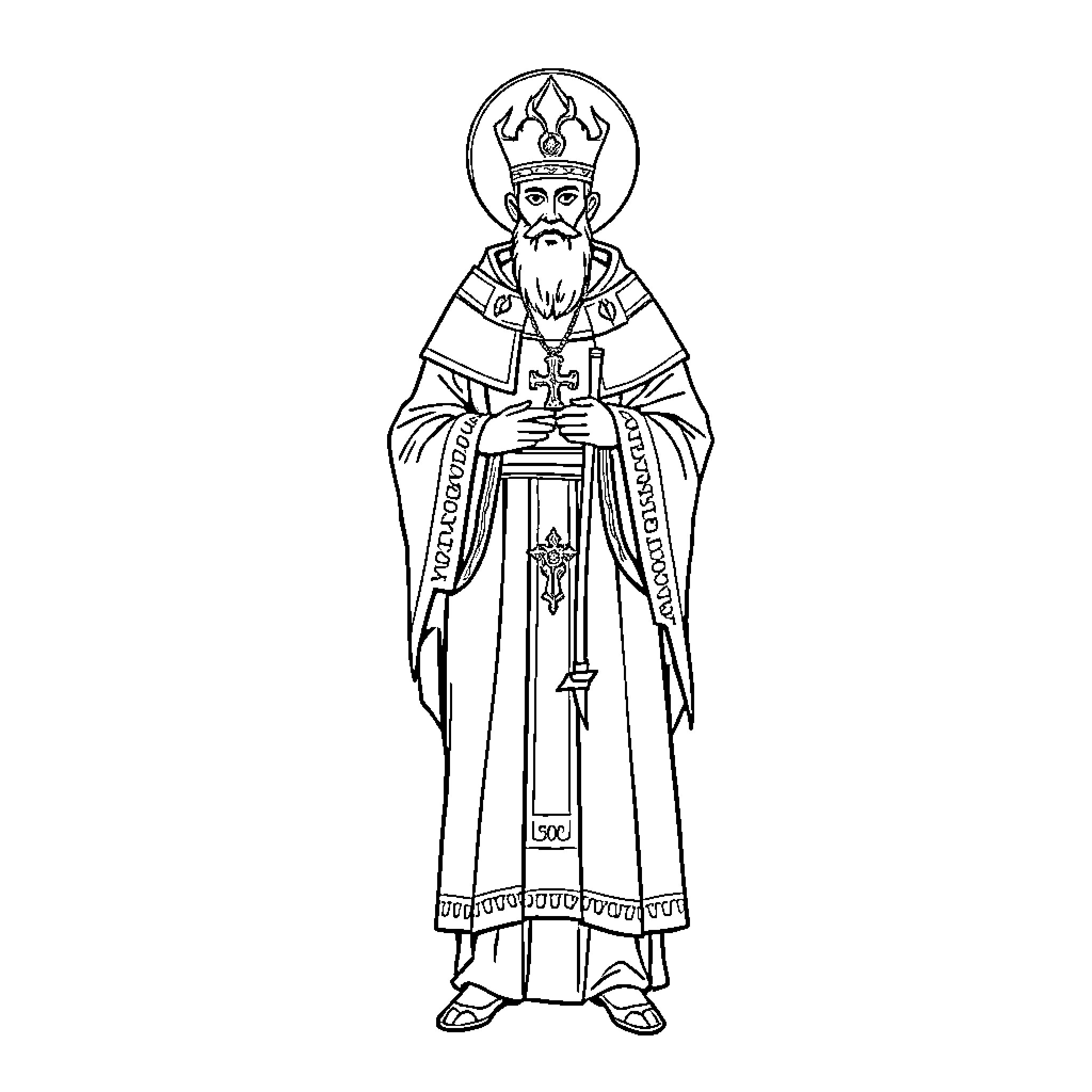 Saint Dimitar in Ceremonial Robes and Crown Coloring Page (free black-and-white line drawing printable PDF for all, from beginners to advanced learners, including children, teens, adults, and seniors)
