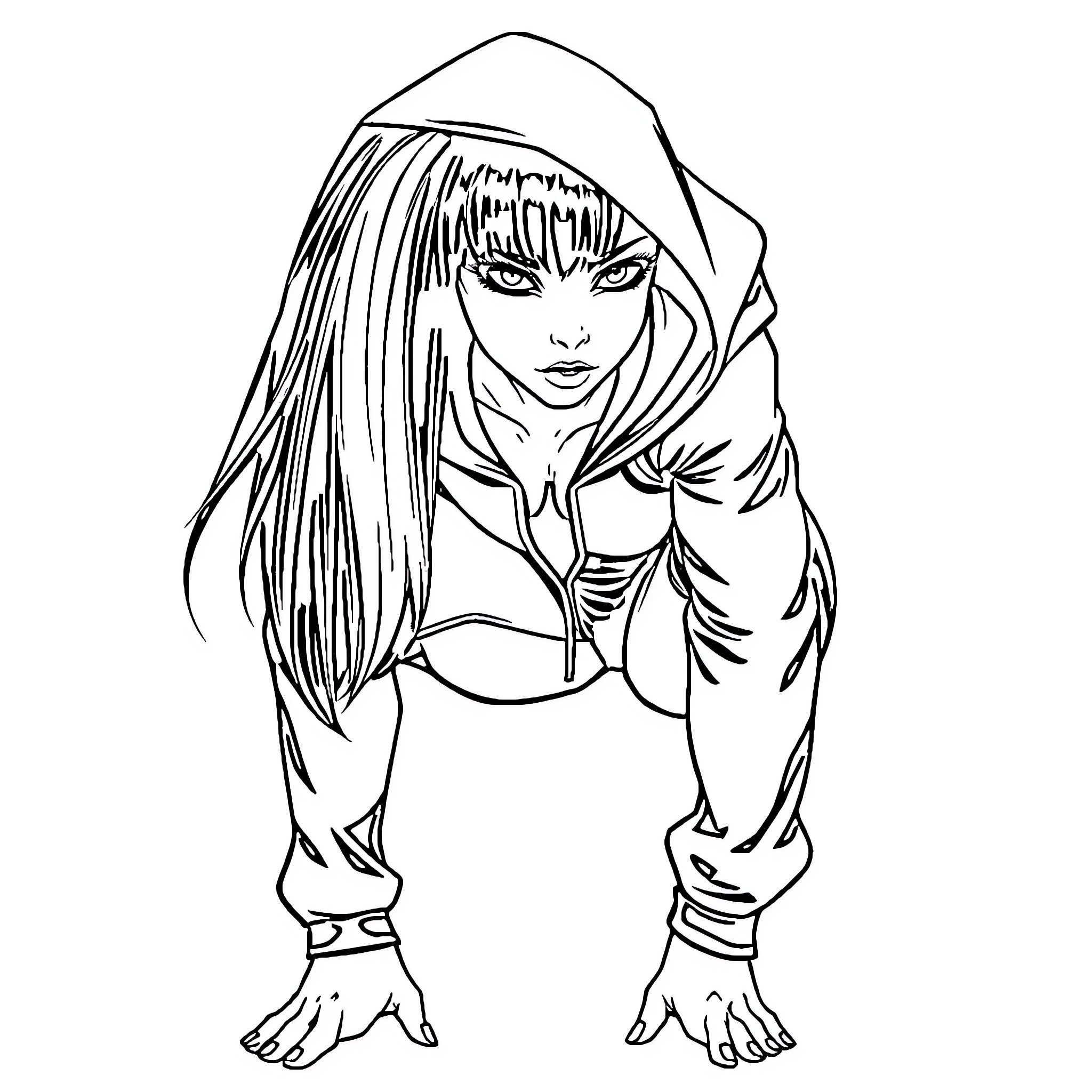 Female figure in hooded garment Coloring Page (free black-and-white line drawing printable PDF for all, from beginners to advanced learners, including children, teens, adults, and seniors)