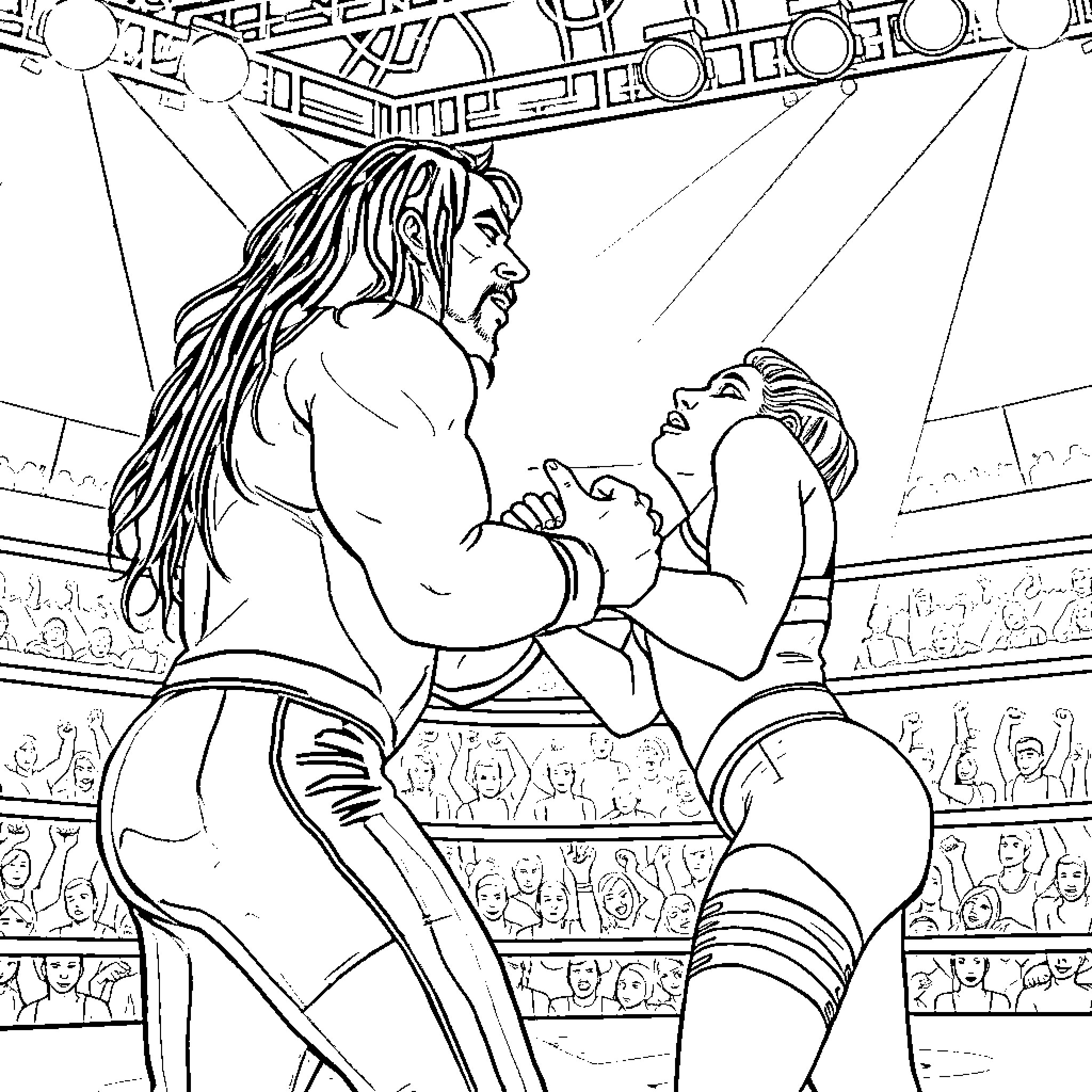 Wrestler Grappling Opponent in Professional Ring Coloring Page (free black-and-white line drawing printable PDF for all, from beginners to advanced learners, including children, teens, adults, and seniors)