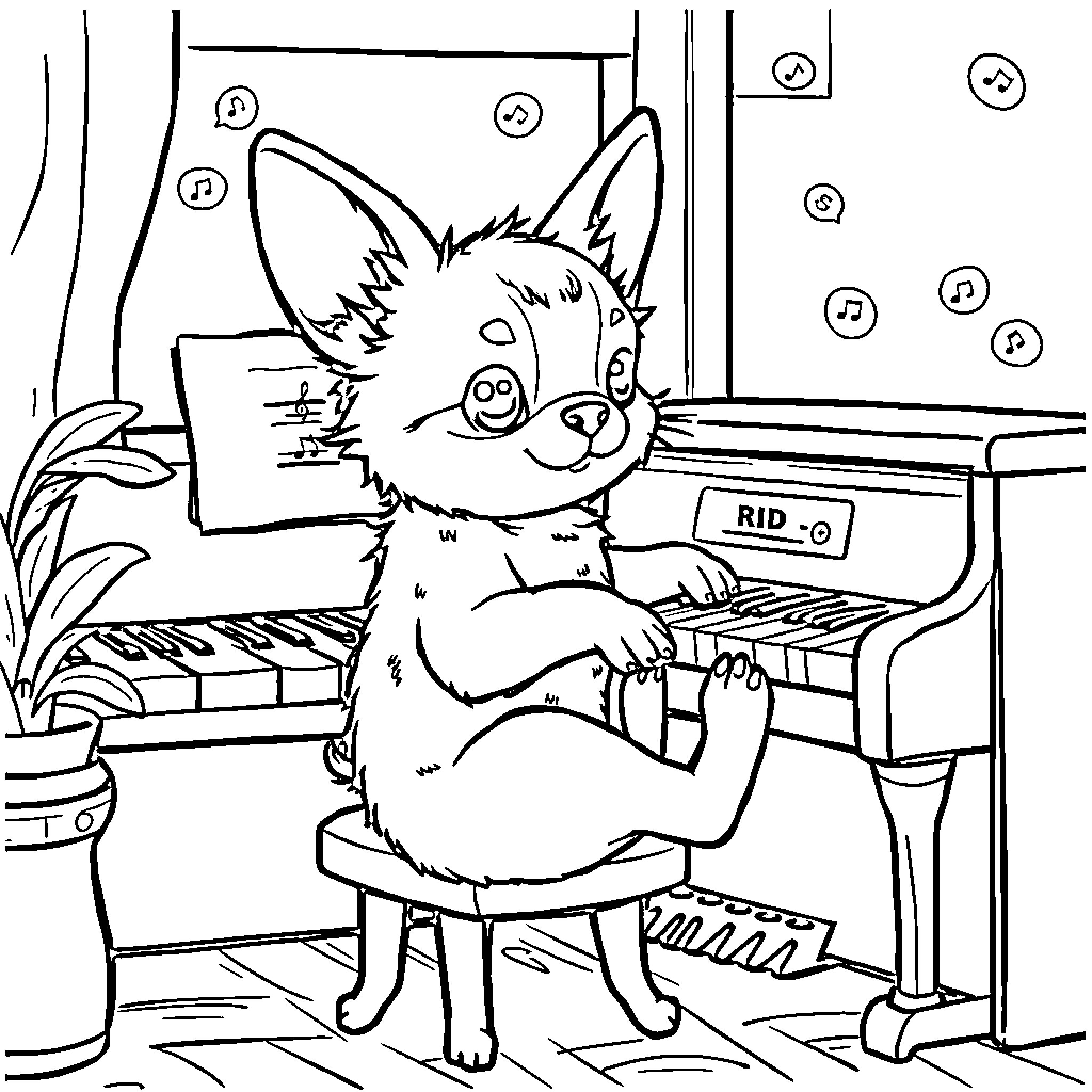 Poodle playing piano in a musical room Coloring Page (free black-and-white line drawing printable PDF for all, from beginners to advanced learners, including children, teens, adults, and seniors)