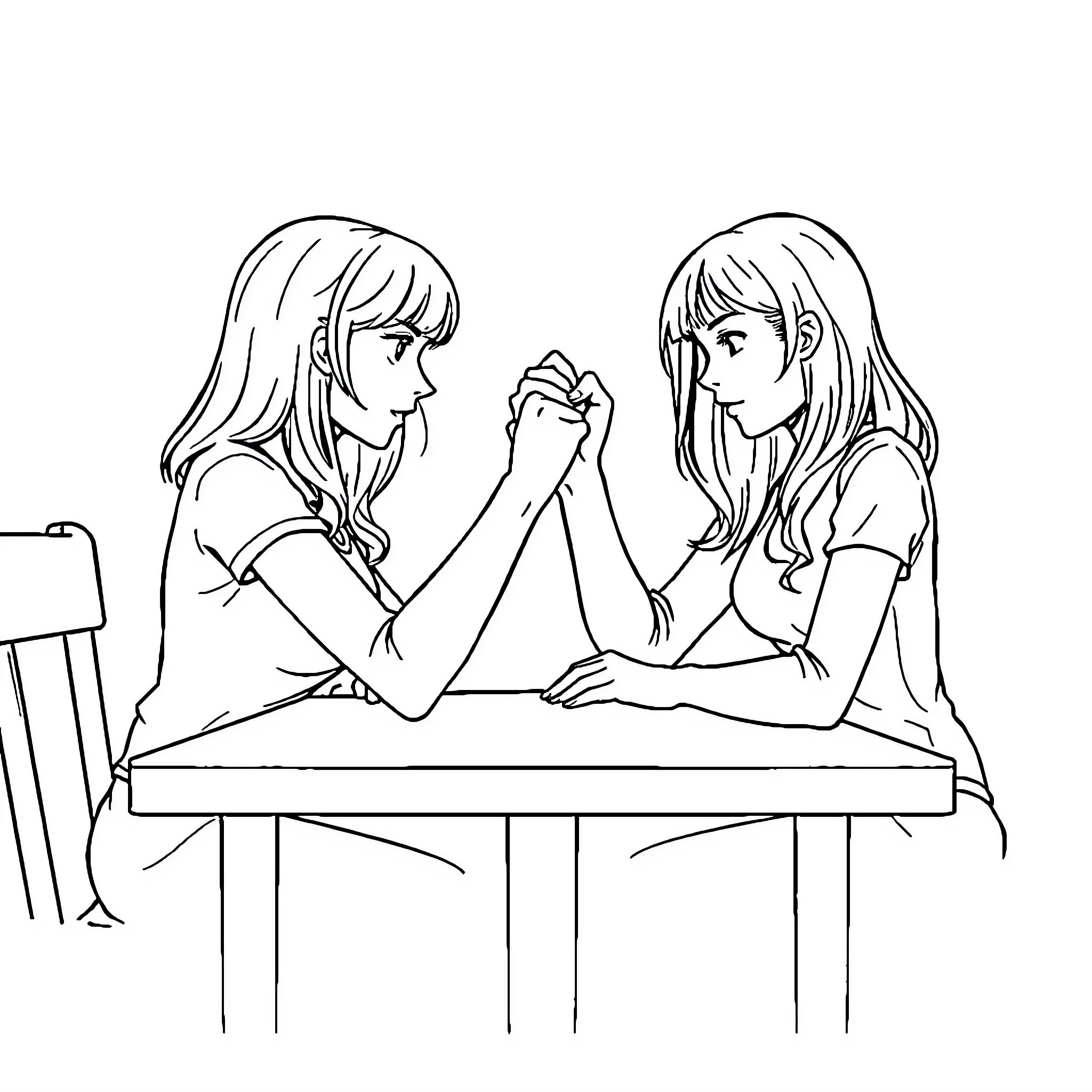 Girls in deep conversation at the table Coloring Page (free black-and-white line drawing printable PDF for all, from beginners to advanced learners, including children, teens, adults, and seniors)